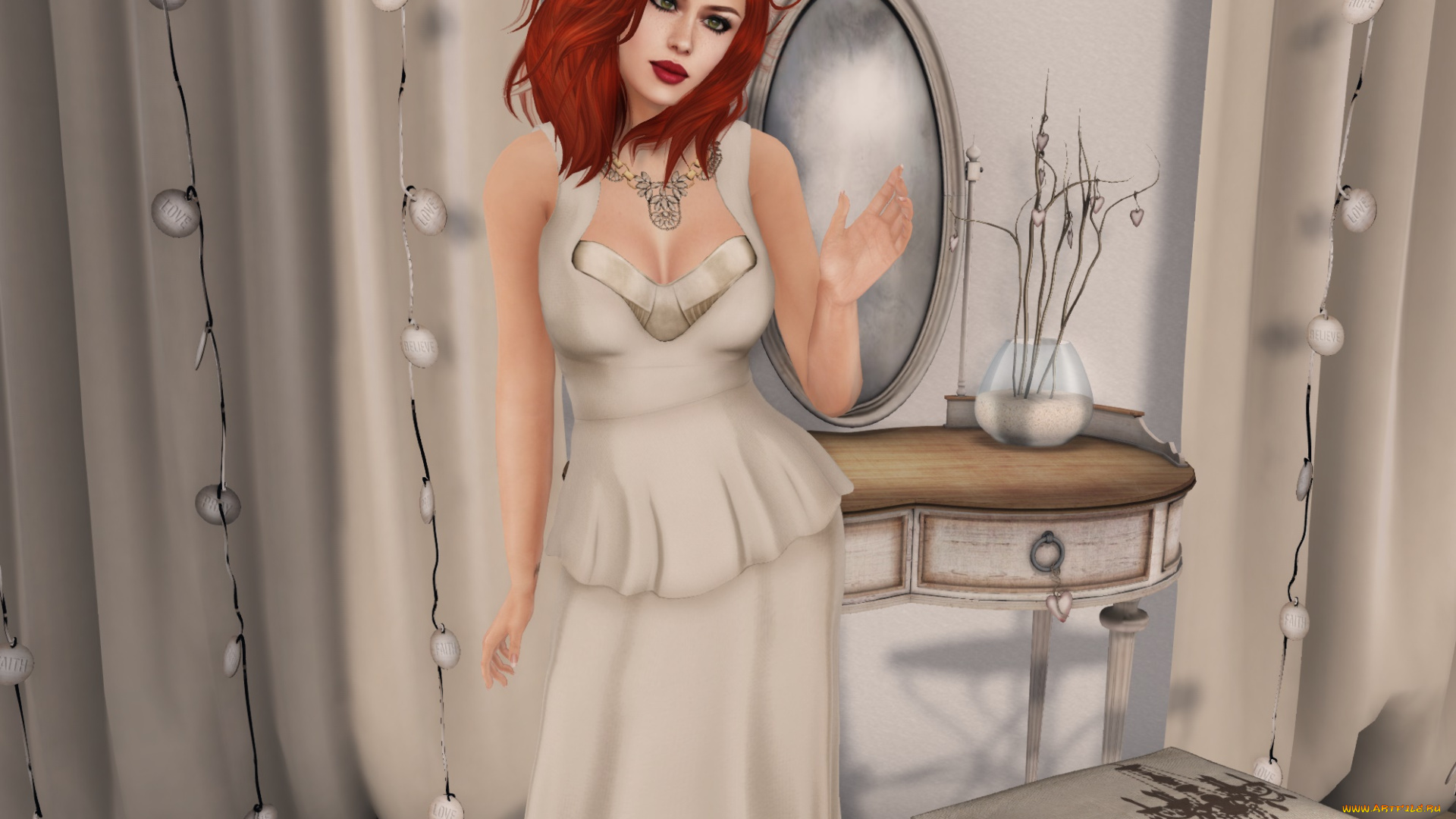 3д, графика, люди, , people, рыжая, девушка, взгляд, фон, интерьер