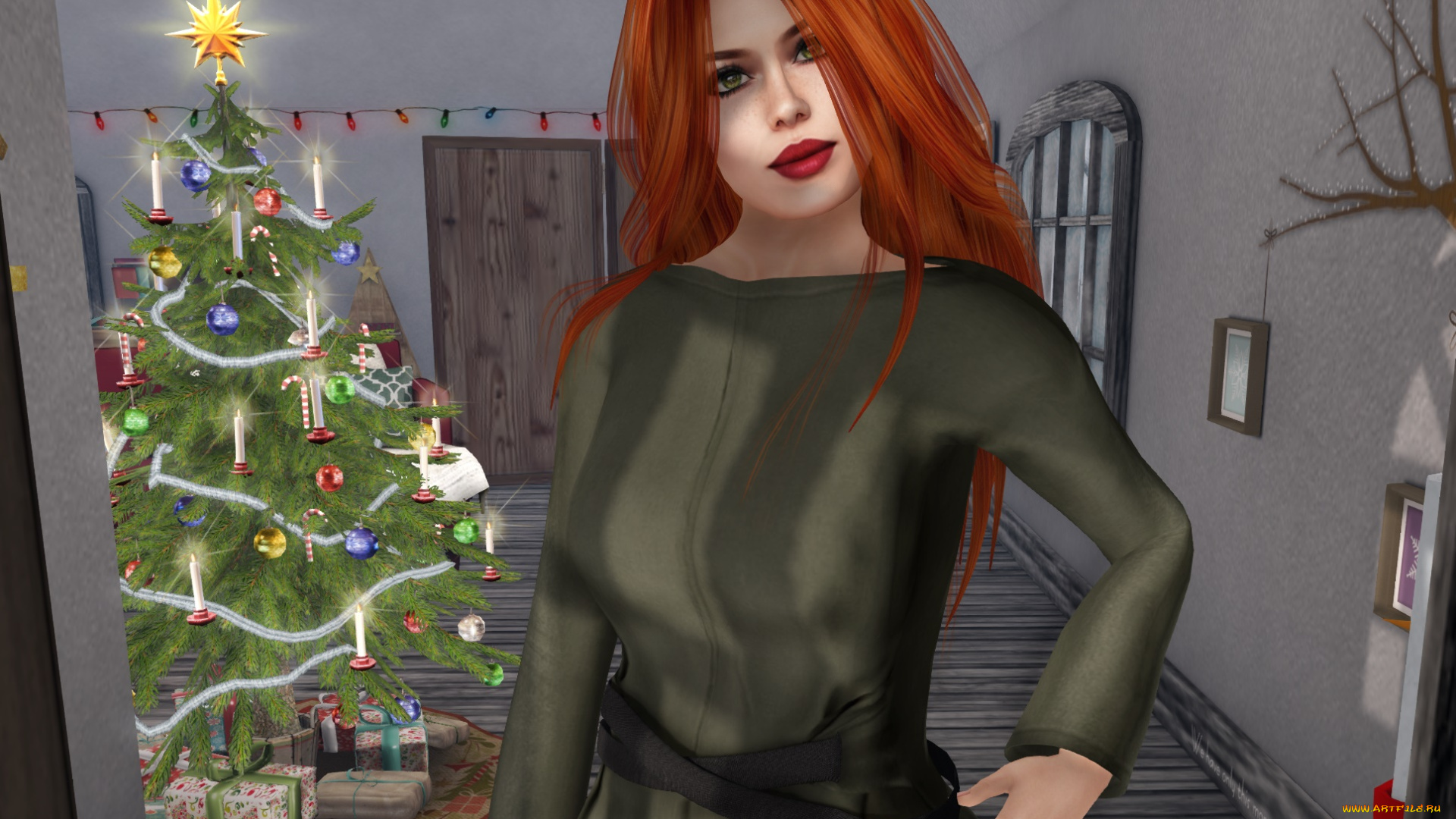 3д, графика, люди, , people, рыжая, фон, девушка, взгляд, интерьер