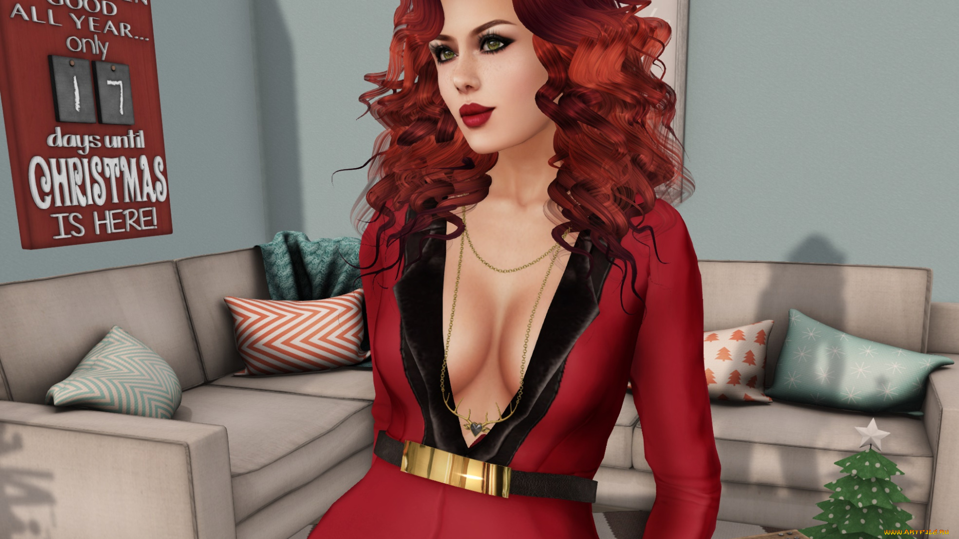 3д, графика, люди, , people, рыжая, фон, интерьер, взгляд, девушка