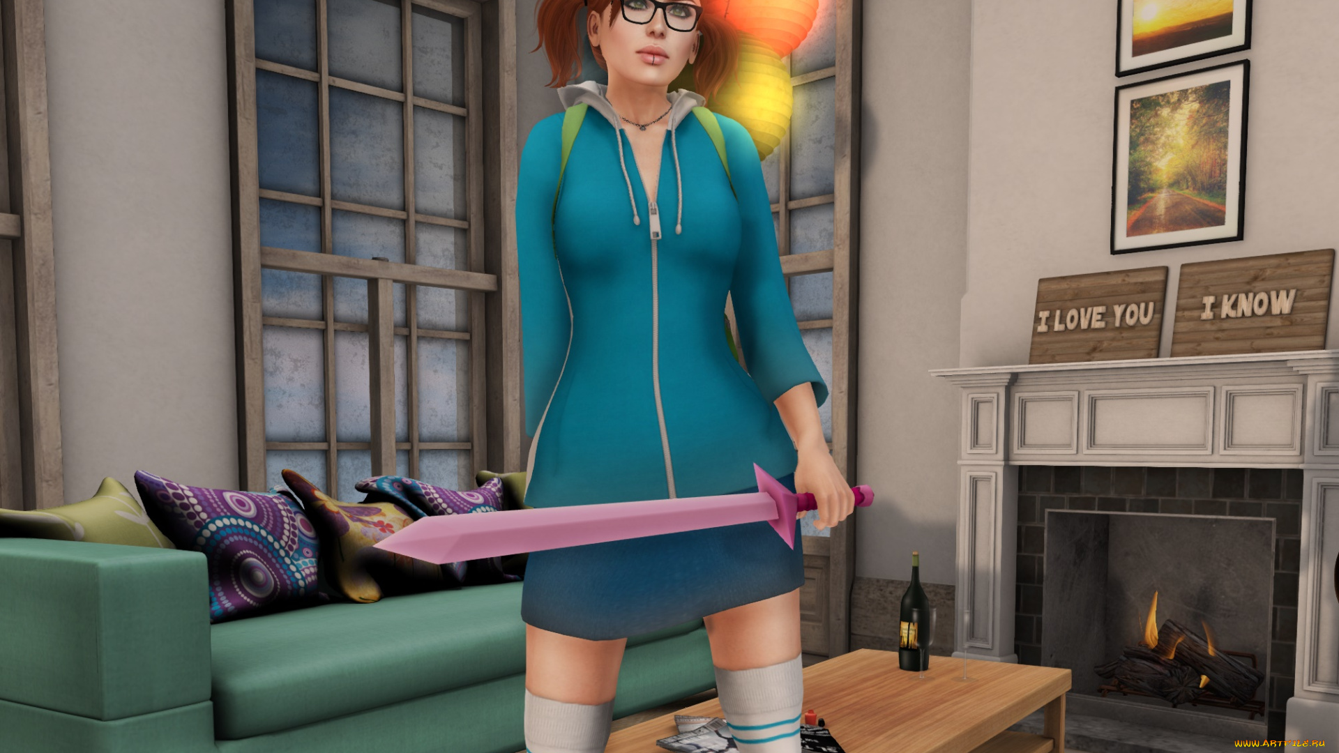 3д, графика, люди, , people, рыжая, фон, взгляд, интерьер, девушка