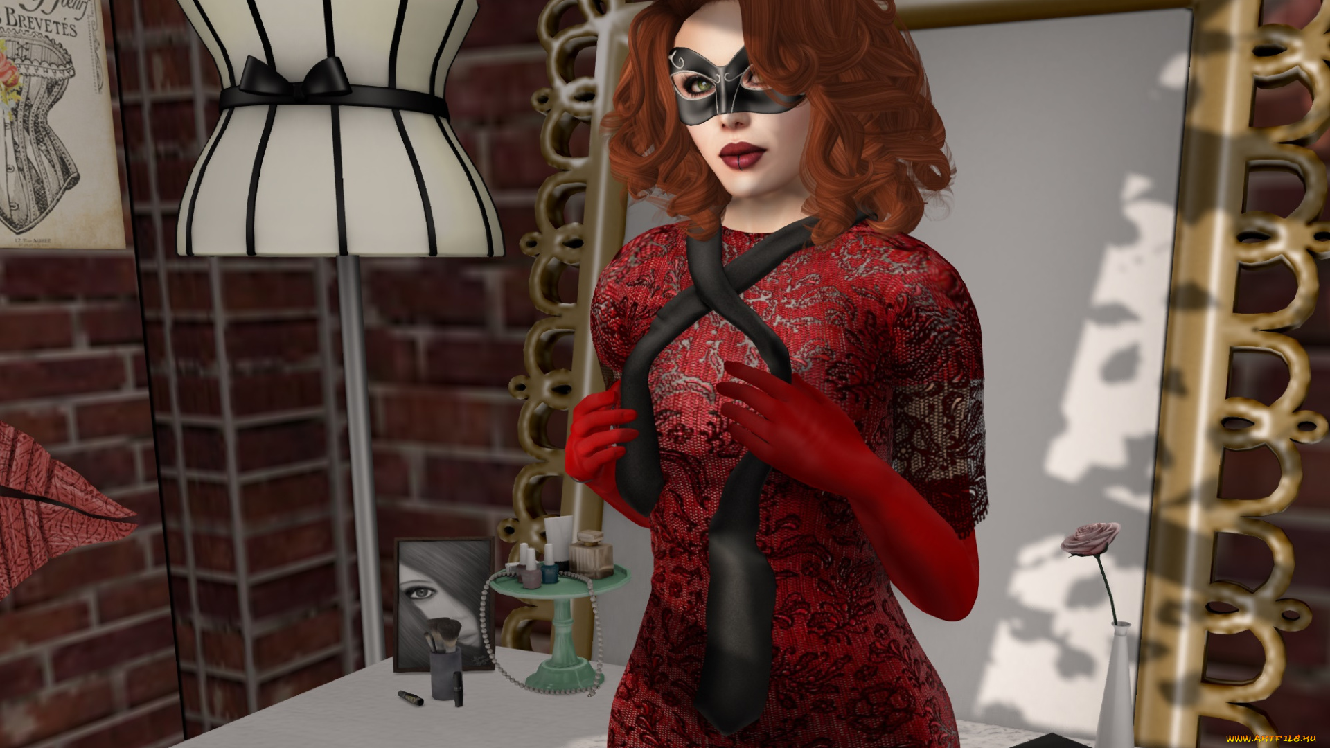 3д, графика, люди, , people, рыжая, фон, взгляд, девушка, интерьер