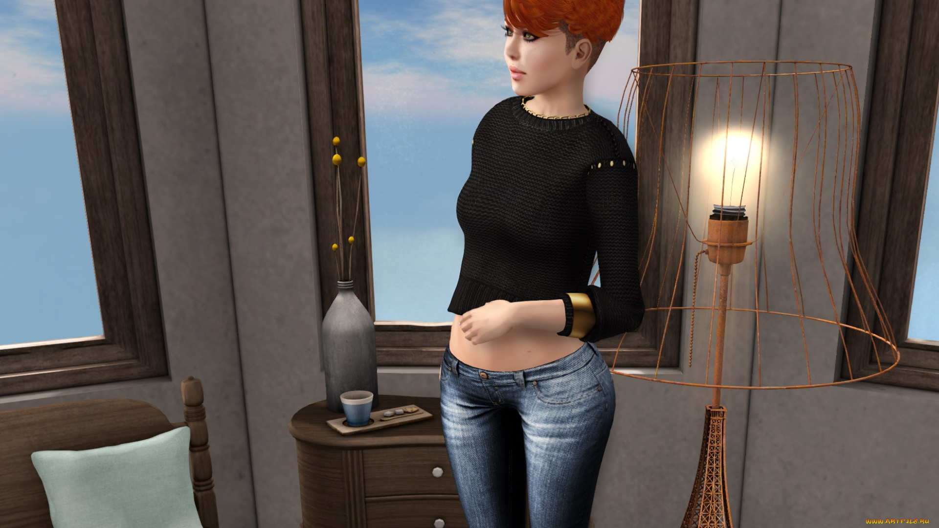 3д, графика, люди, , people, рыжая, интерьер, фон, девушка, взгляд