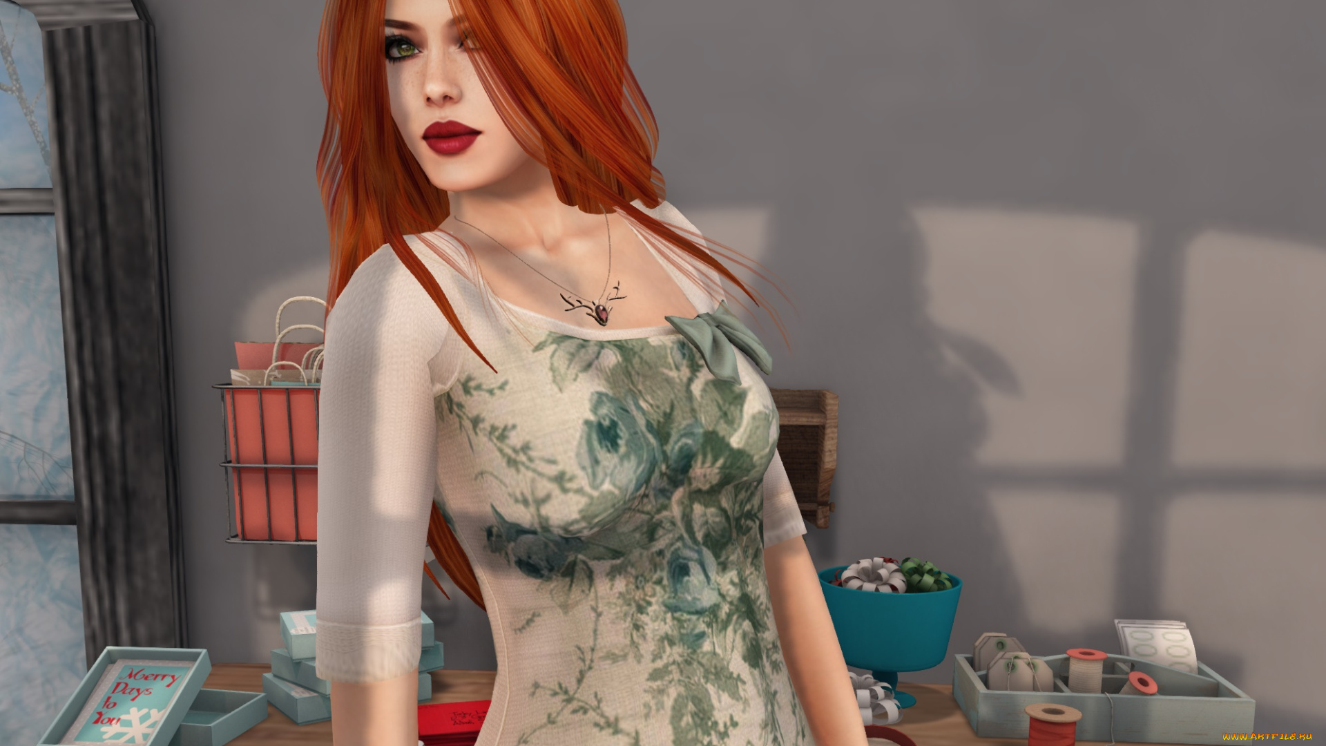 3д, графика, люди, , people, рыжая, интерьер, фон, взгляд, девушка