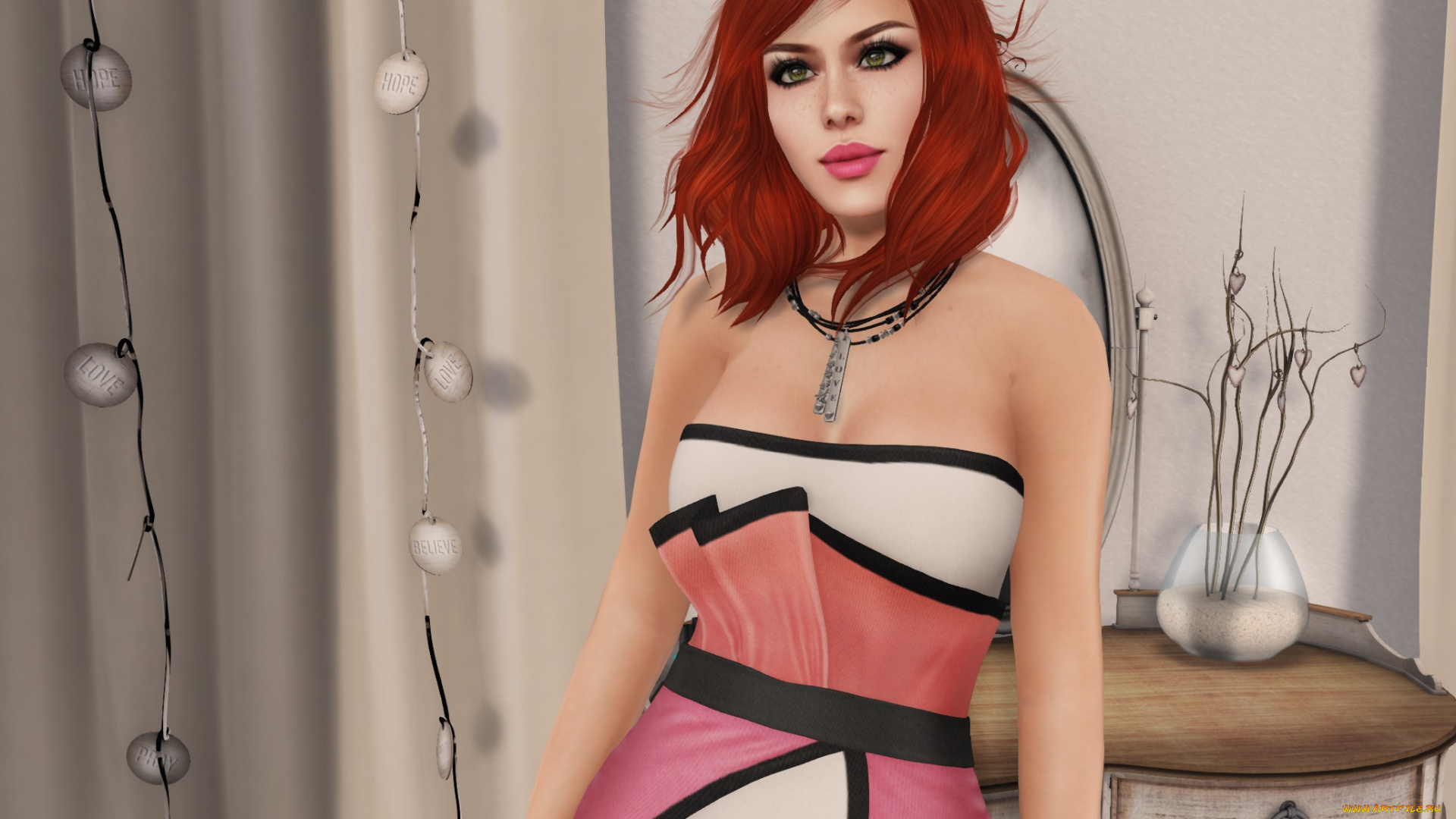 3д, графика, люди, , people, рыжая, взгляд, интерьер, фон, девушка