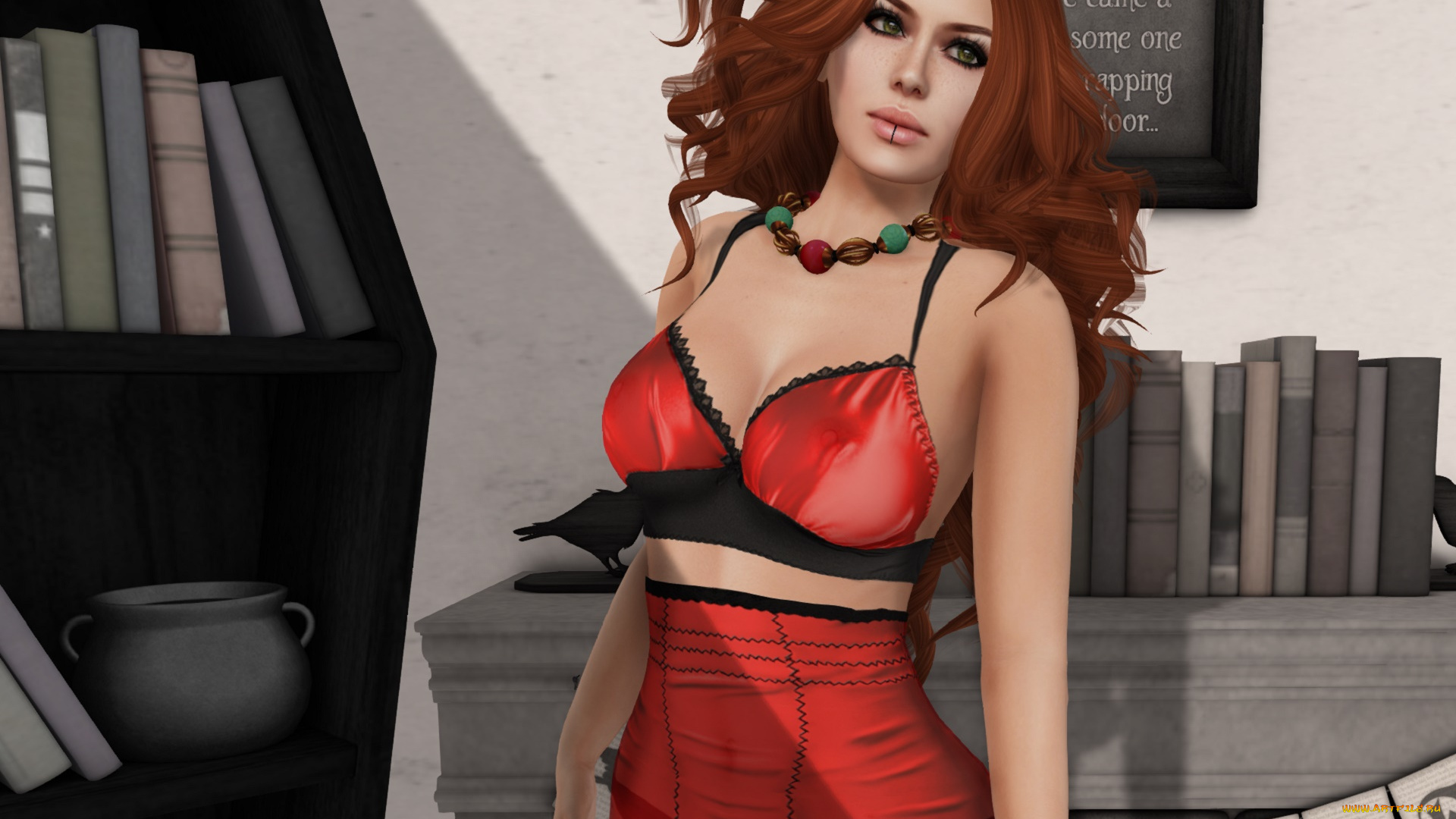 3д, графика, люди, , people, взгляд, девушка, интерьер, рыжая, фон