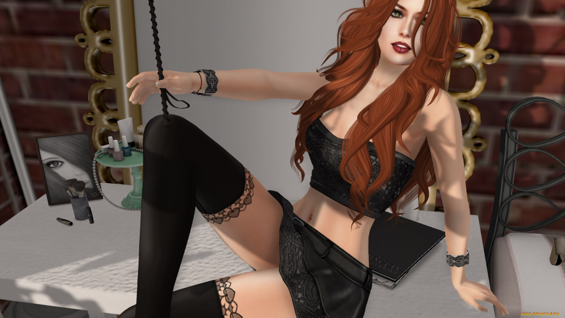 3д, графика, люди, , people, взгляд, девушка, интерьер, рыжая, фон