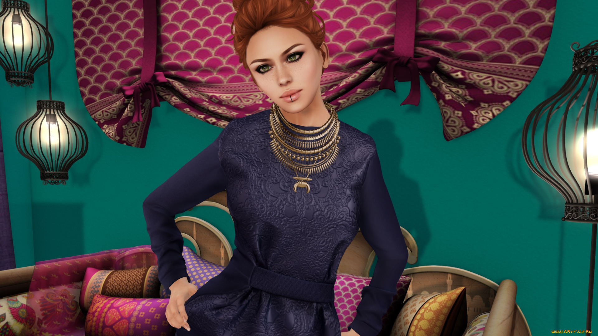 3д, графика, люди, , people, взгляд, девушка, интерьер, рыжая, фон