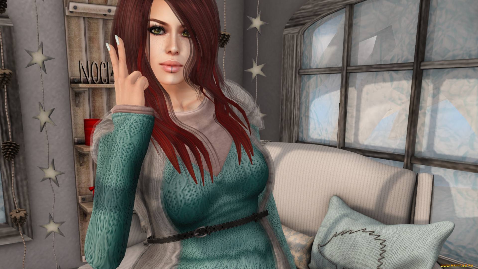 3д, графика, люди, , people, взгляд, интерьер, фон, рыжая, девушка