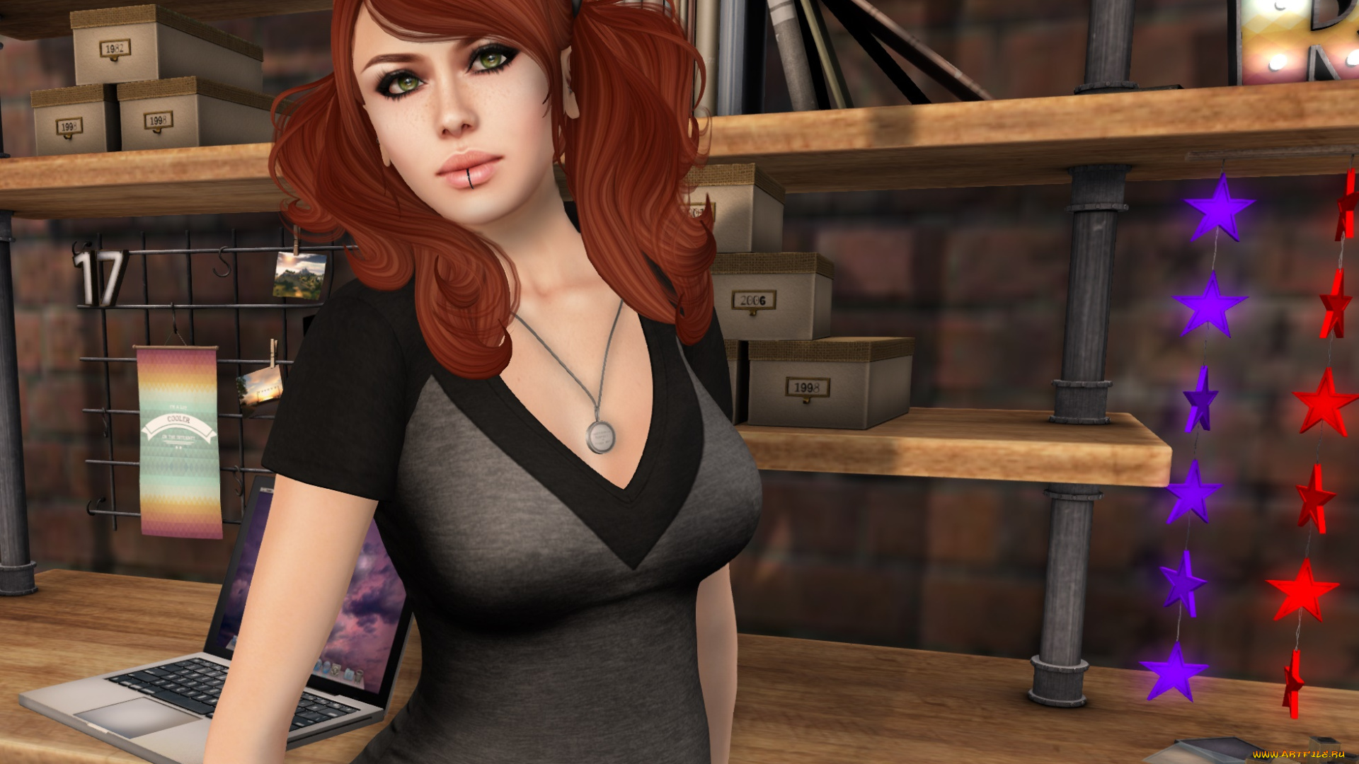 3д, графика, люди, , people, взгляд, интерьер, рыжая, фон, девушка