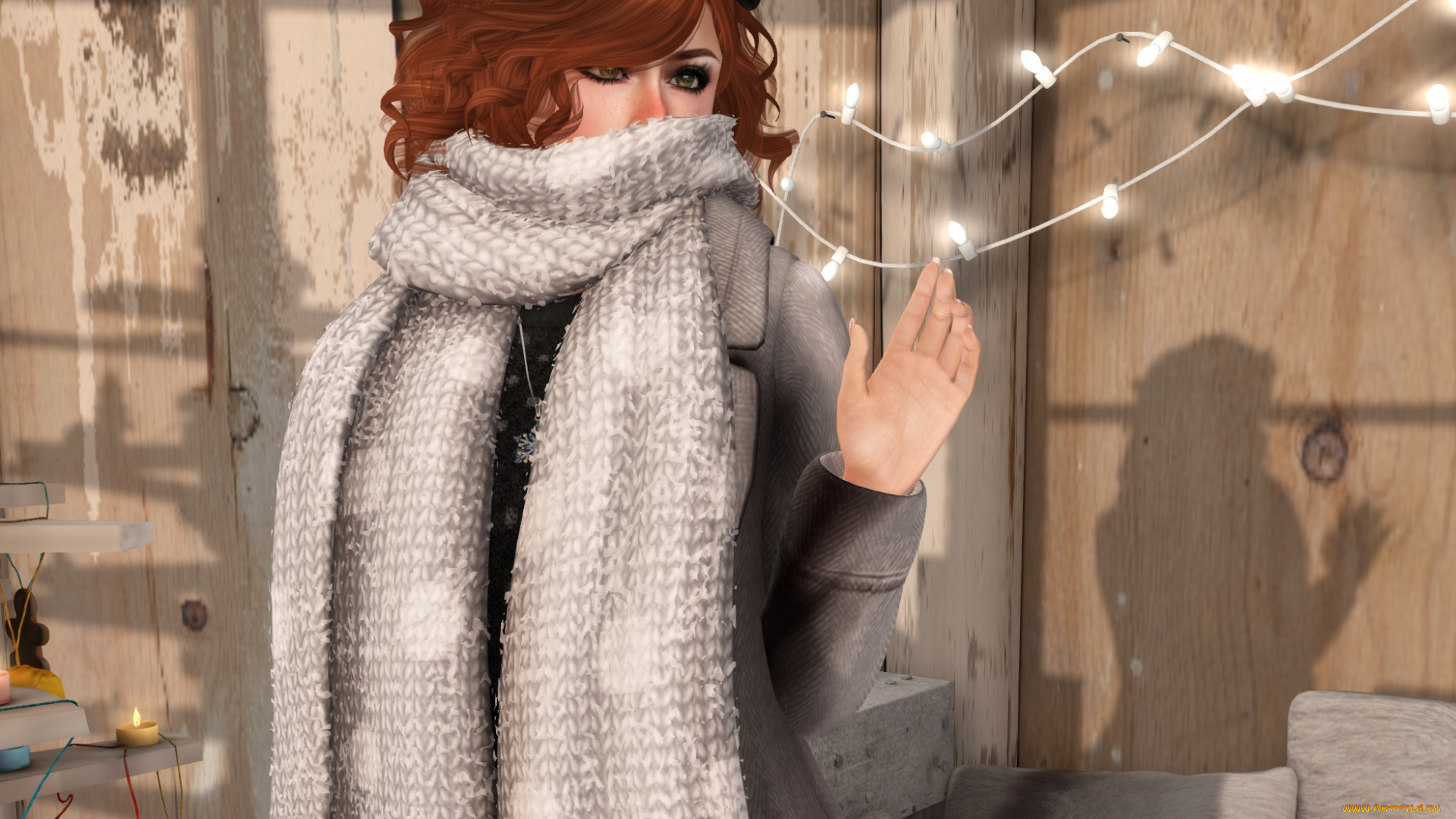 3д, графика, люди, , people, взгляд, интерьер, девушка, рыжая, фон