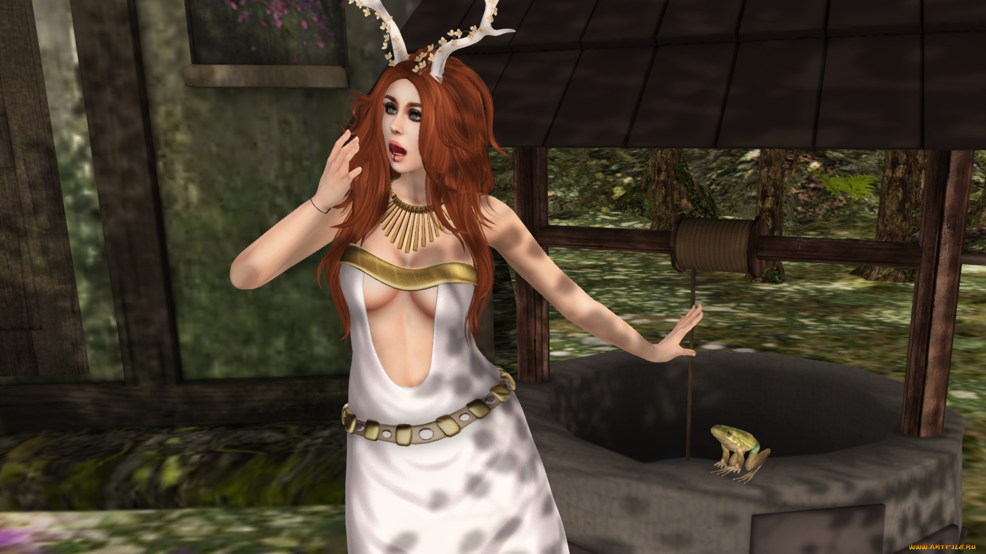 3д, графика, существа, , creatures, лягушка, фон, взгляд, девушка