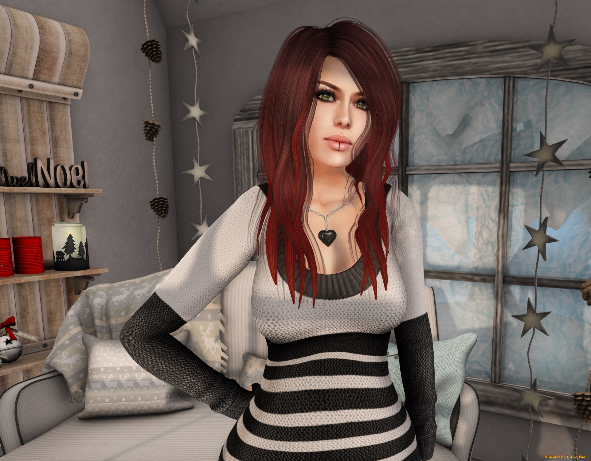 3д, графика, люди, , people, девушка, взгляд, интерьер, рыжая, фон