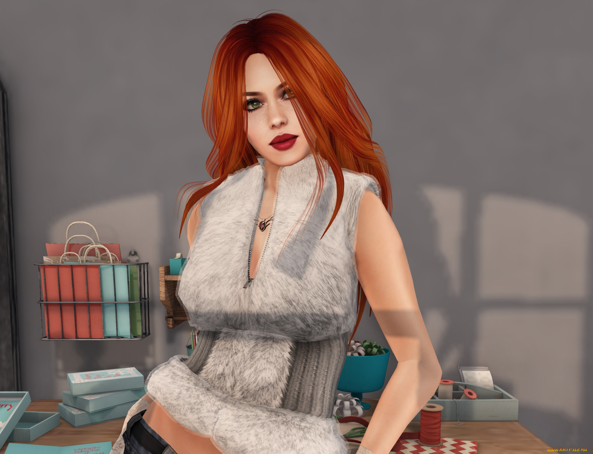 3д, графика, люди, , people, интерьер, рыжая, фон, взгляд, девушка