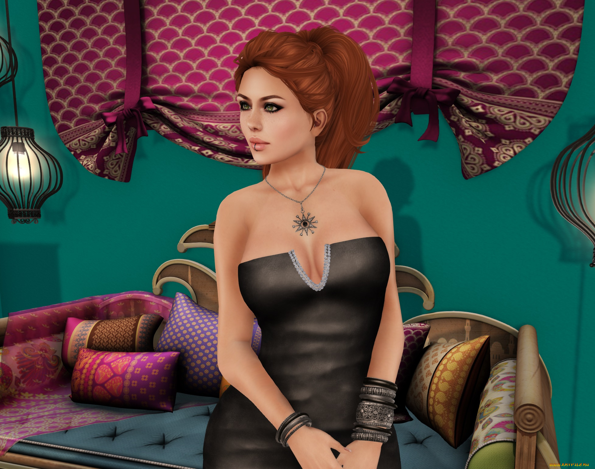 3д, графика, люди, , people, рыжая, интерьер, взгляд, фон, девушка