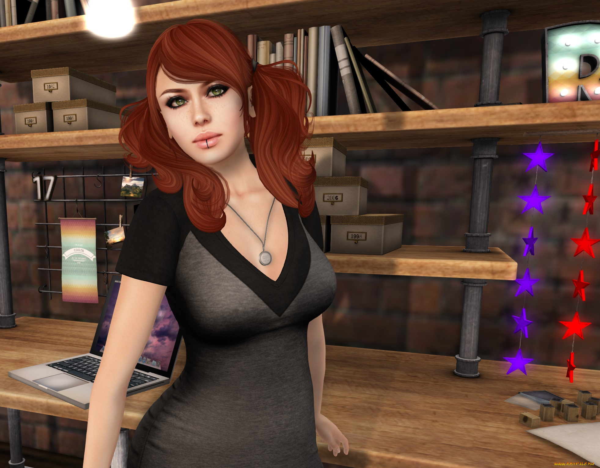 3д, графика, люди, , people, взгляд, интерьер, рыжая, фон, девушка