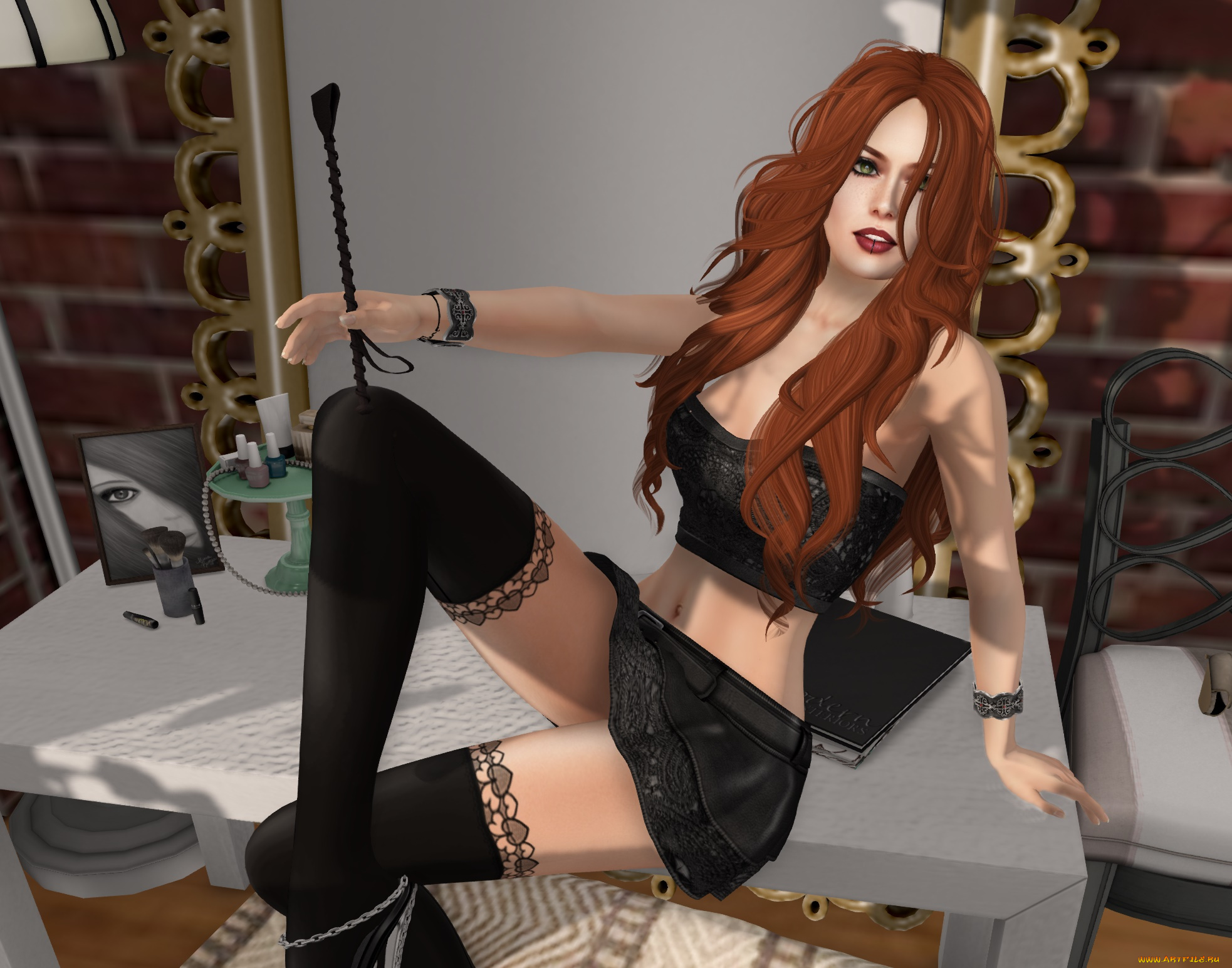 3д, графика, люди, , people, взгляд, девушка, интерьер, рыжая, фон