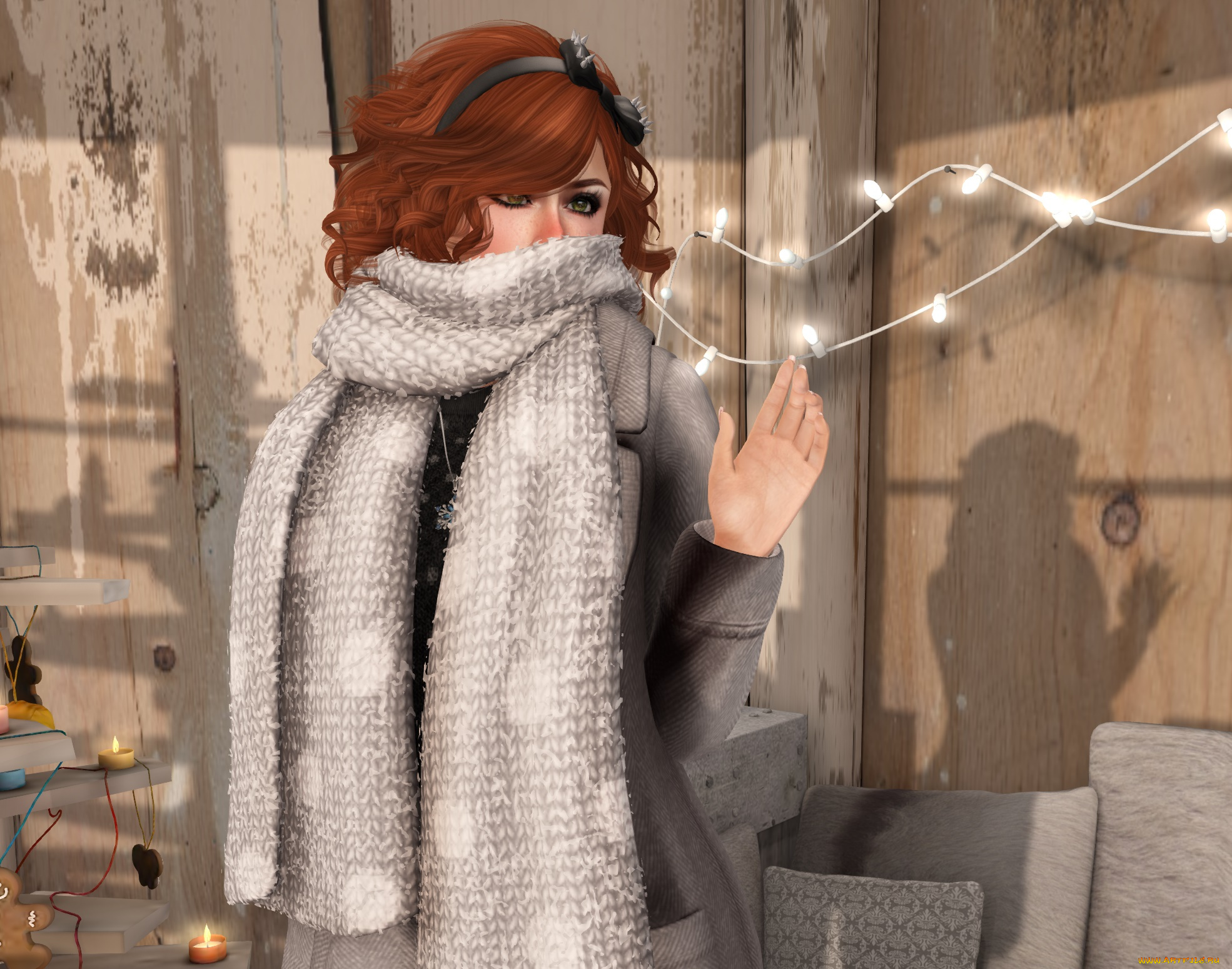 3д, графика, люди, , people, взгляд, интерьер, девушка, рыжая, фон