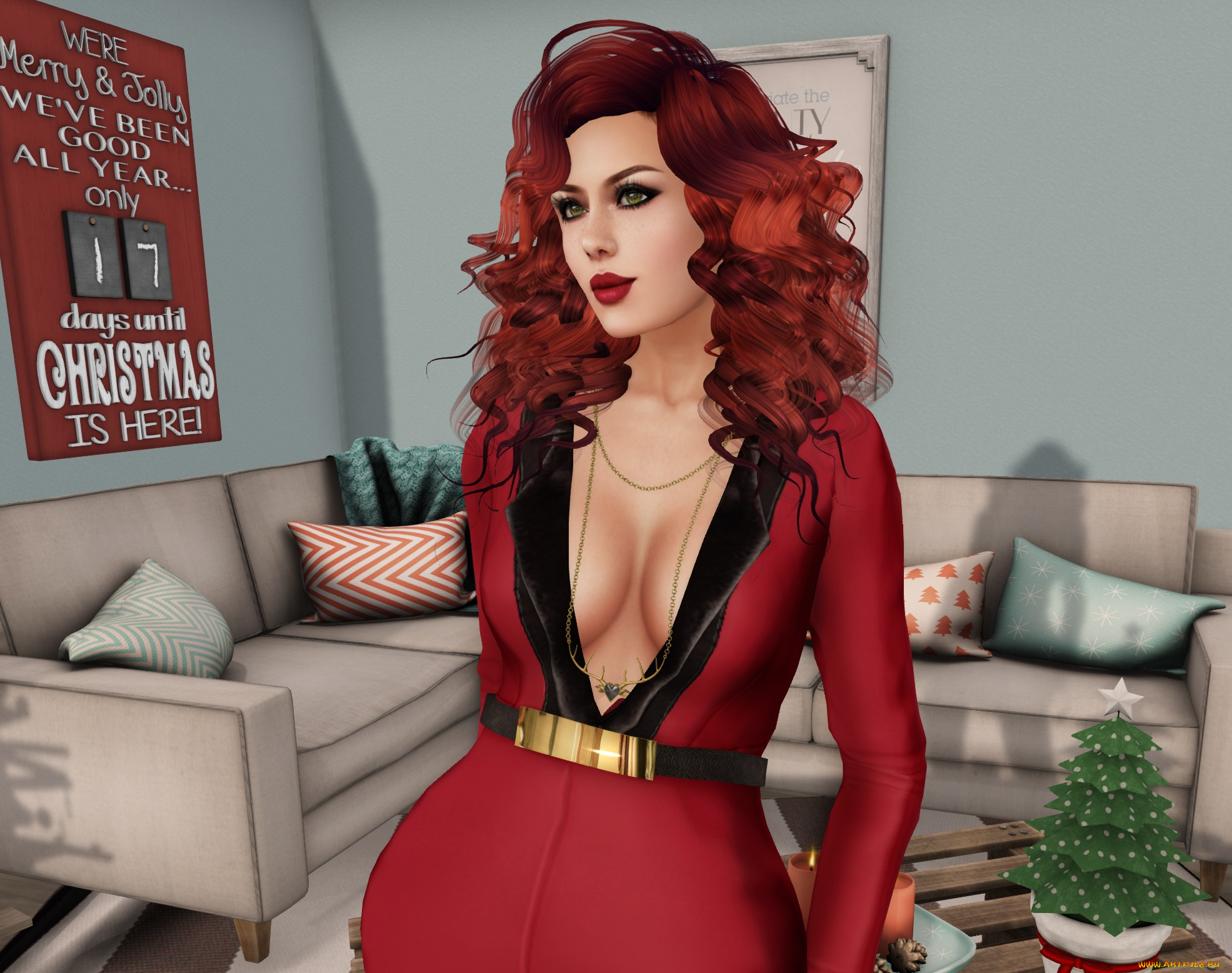 3д, графика, люди, , people, рыжая, фон, интерьер, взгляд, девушка