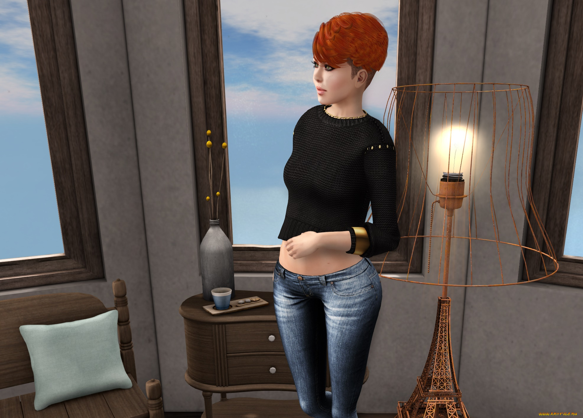 3д, графика, люди, , people, рыжая, интерьер, фон, девушка, взгляд