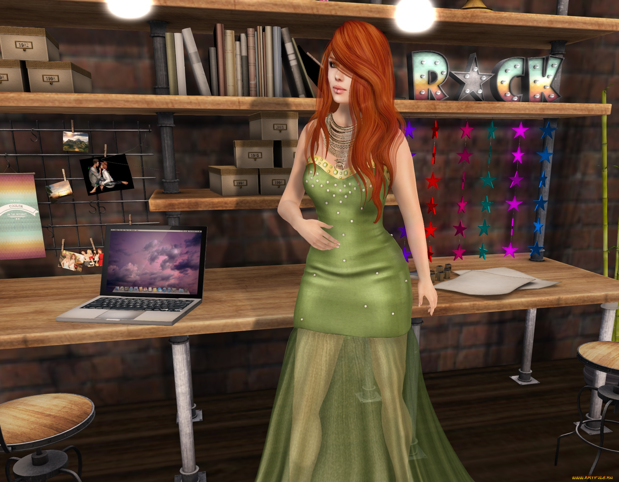 3д, графика, люди, , people, рыжая, фон, взгляд, девушка, интерьер