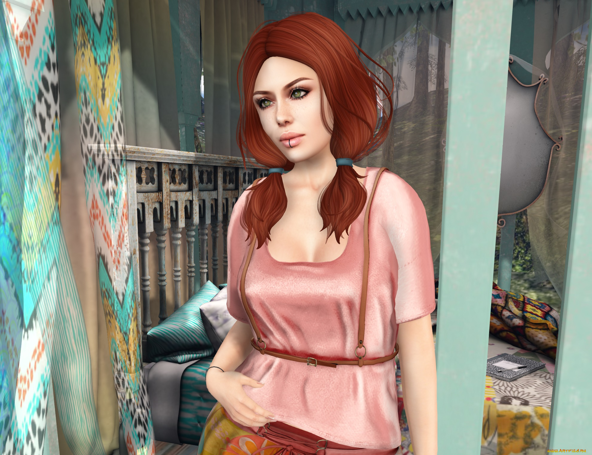 3д, графика, люди, , people, интерьер, рыжая, фон, взгляд, девушка