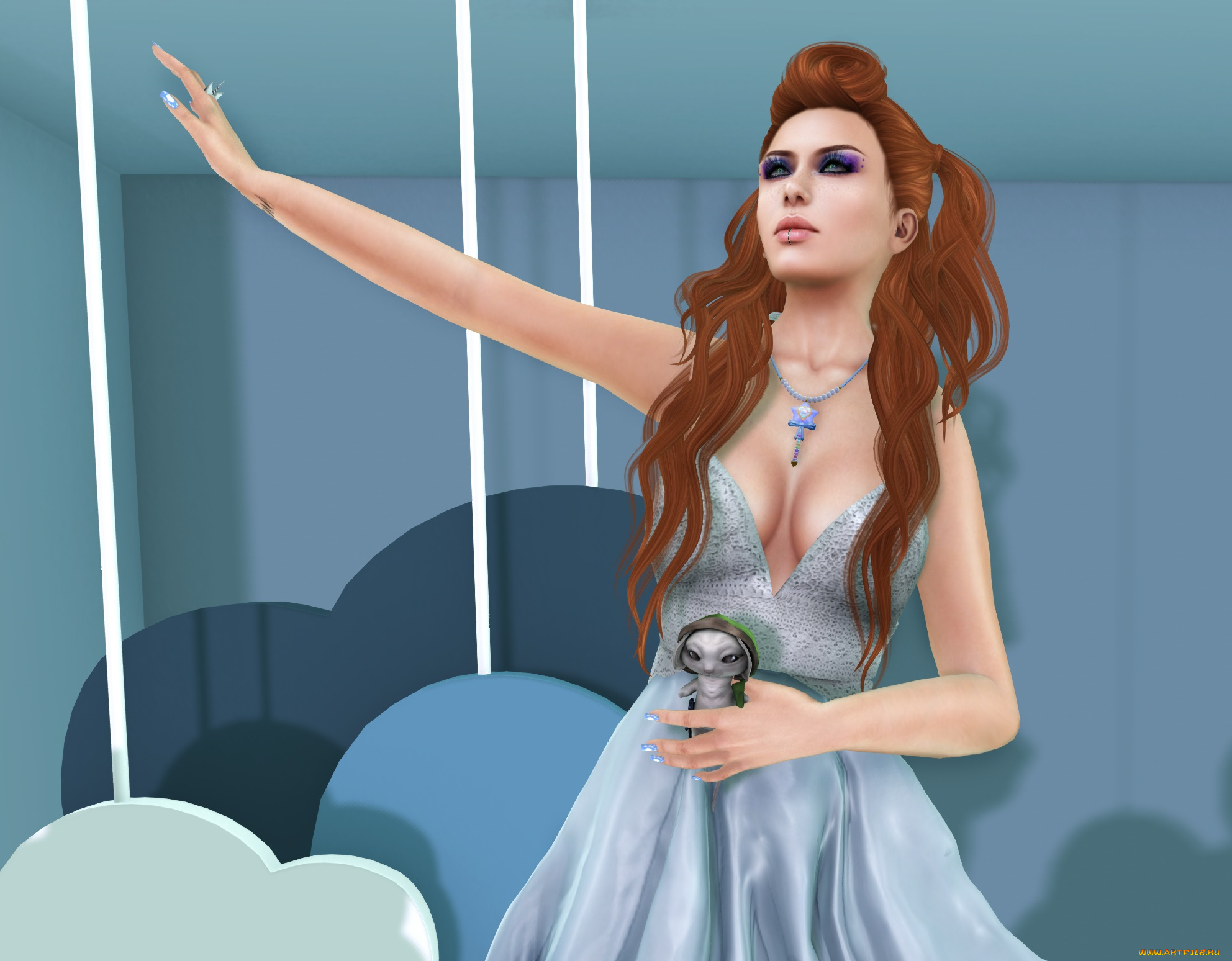 3д, графика, люди, , people, интерьер, рыжая, фон, взгляд, девушка