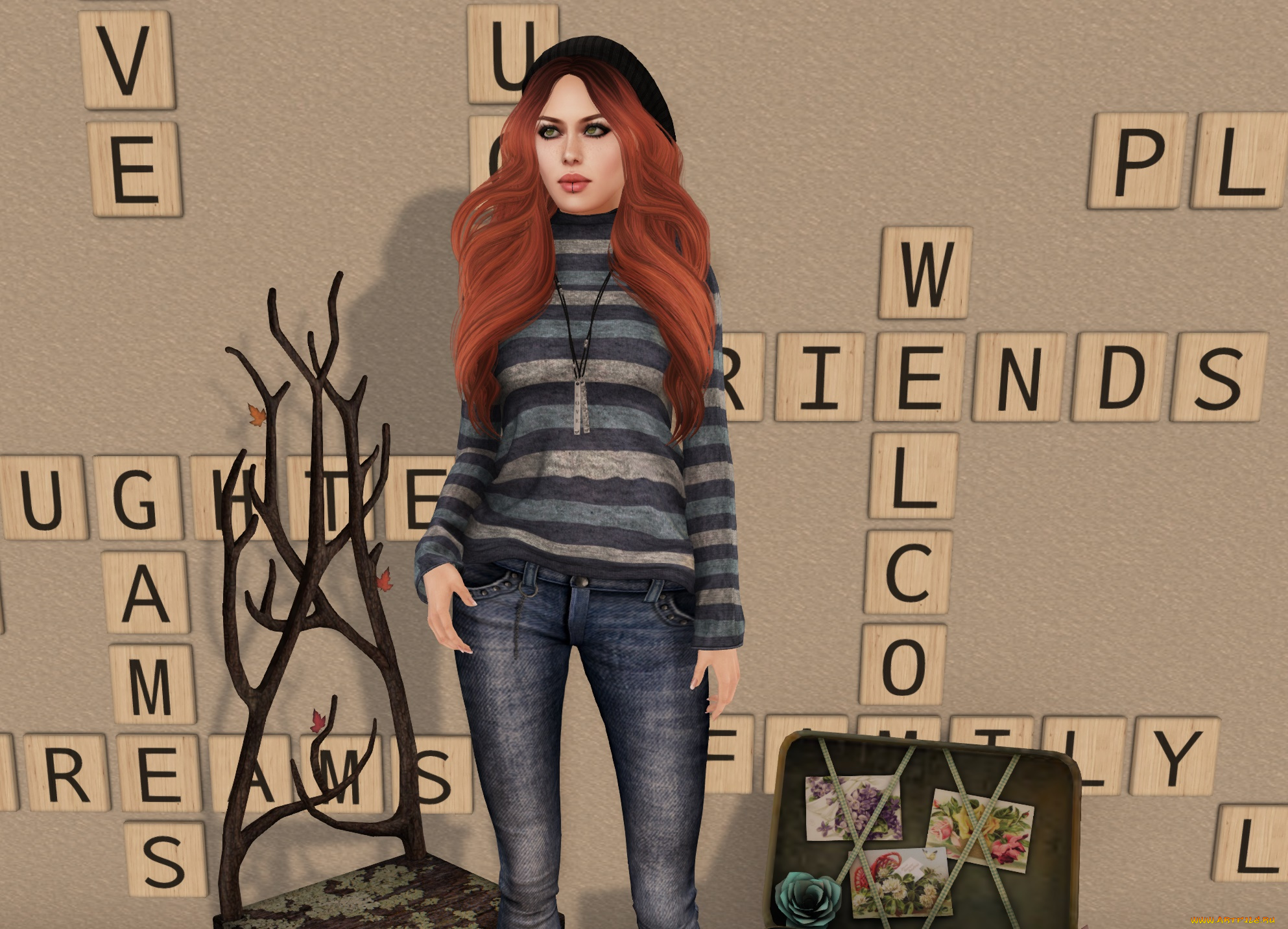 3д, графика, люди, , people, рыжая, девушка, взгляд, интерьер, фон