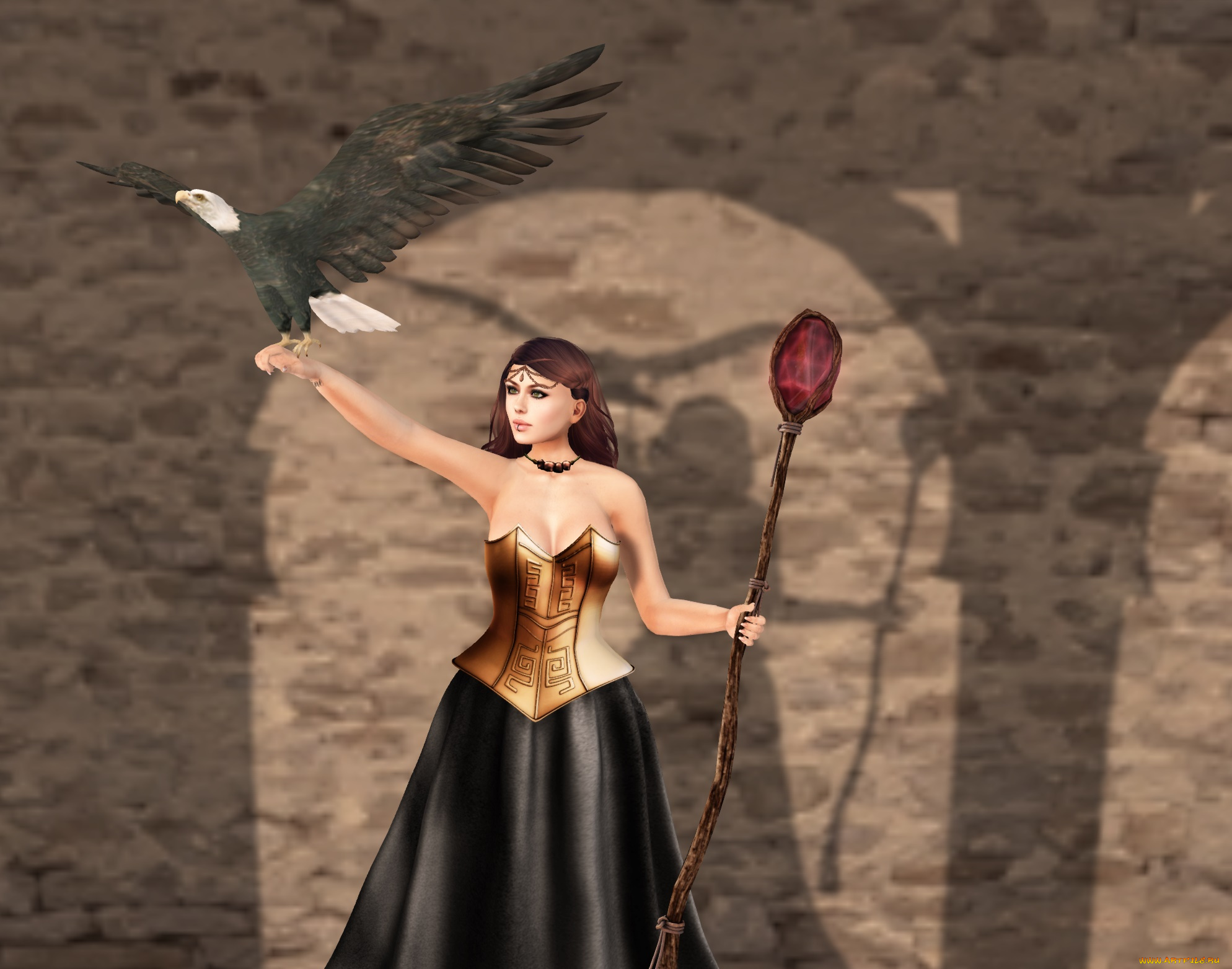 3д, графика, фантазия, , fantasy, орел, тотем, фон, взгляд, девушка