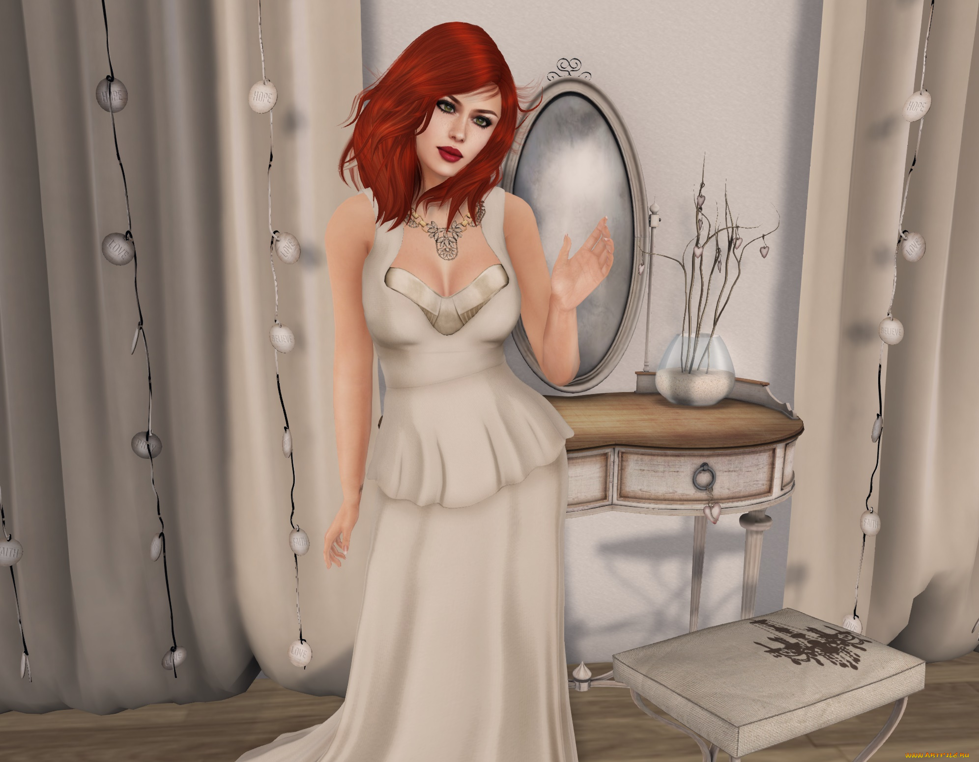 3д, графика, люди, , people, рыжая, девушка, взгляд, фон, интерьер