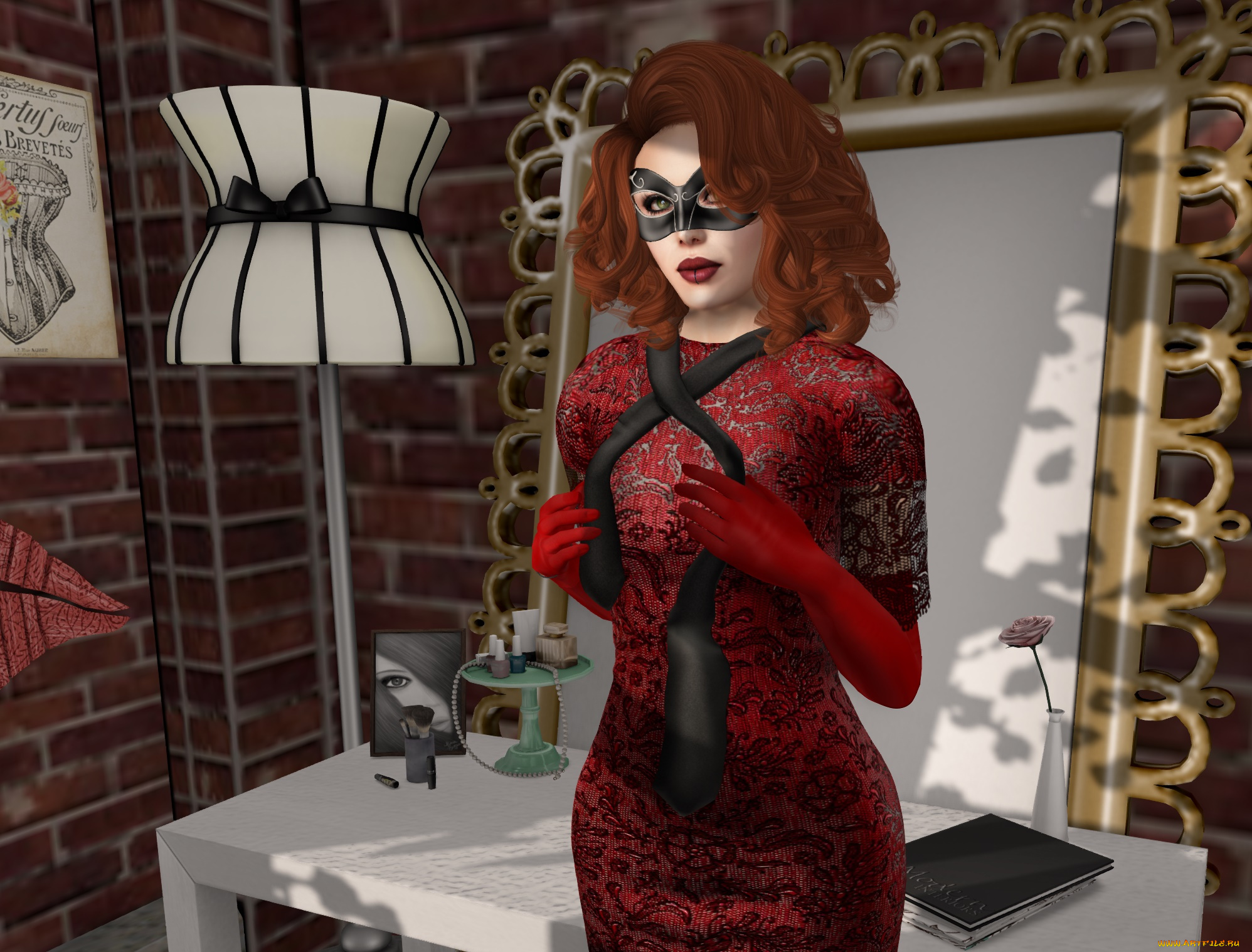 3д, графика, люди, , people, рыжая, фон, взгляд, девушка, интерьер