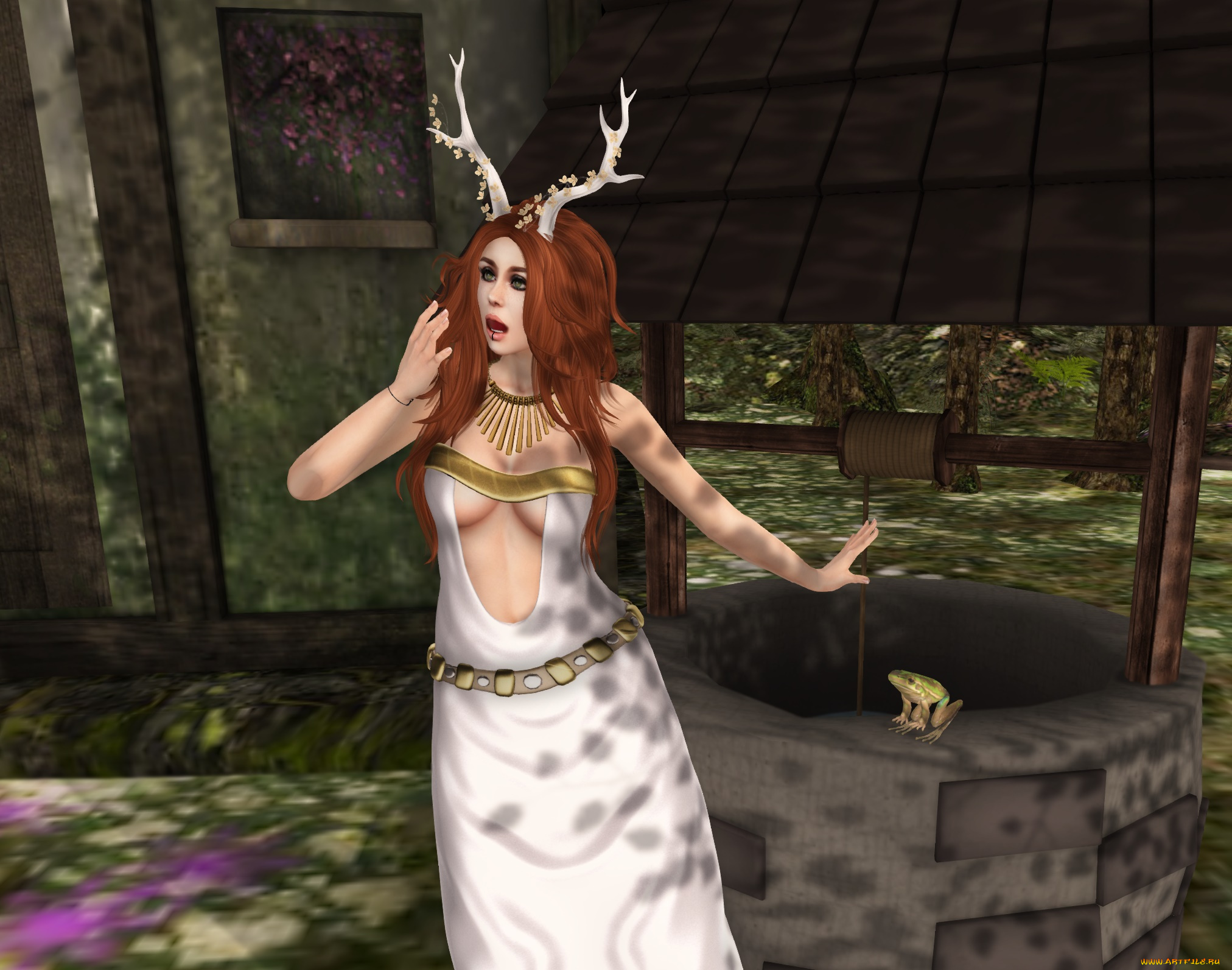 3д, графика, существа, , creatures, лягушка, фон, взгляд, девушка