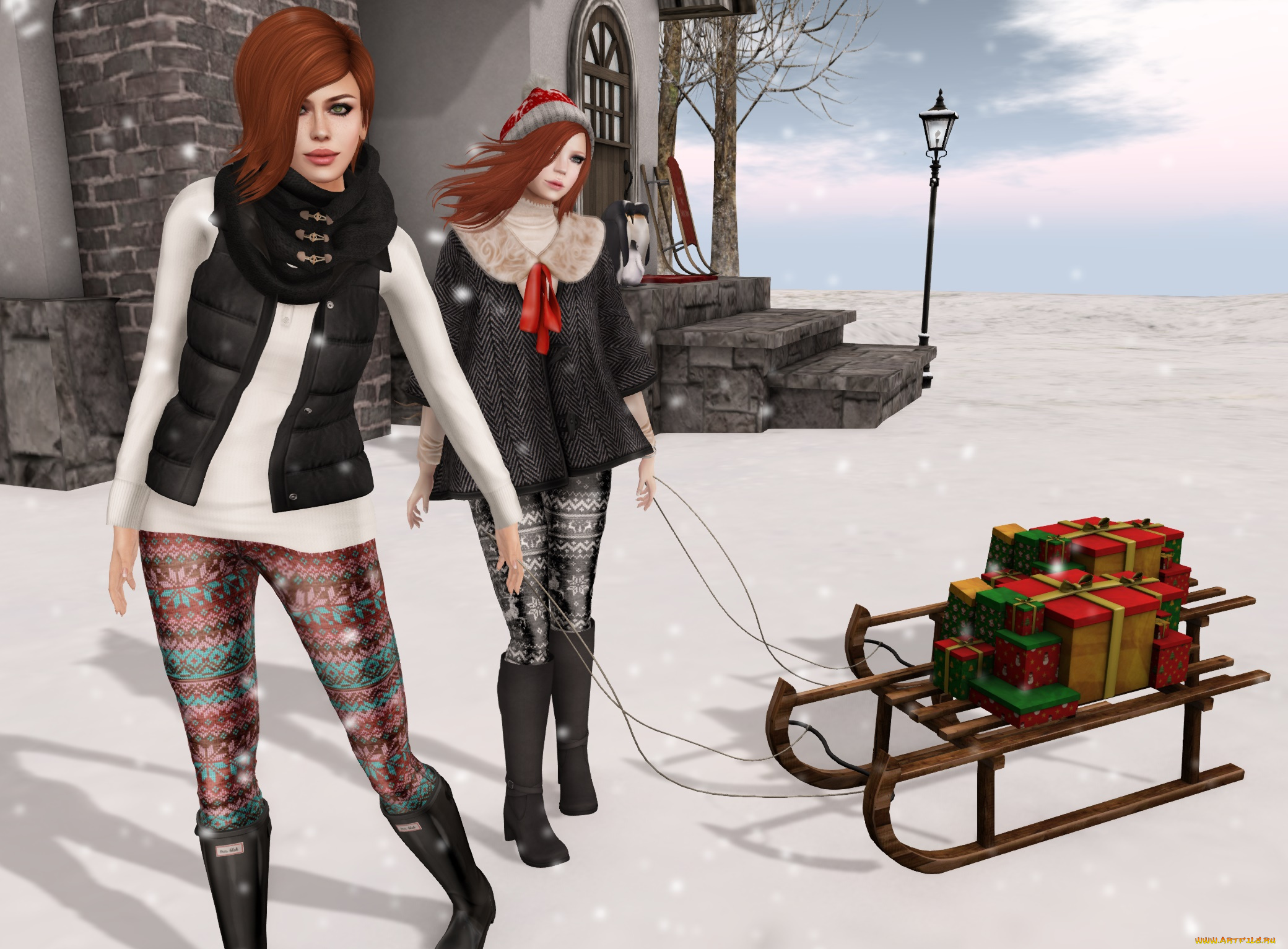 3д, графика, люди, , people, девушки, взгляд, фон, подарки