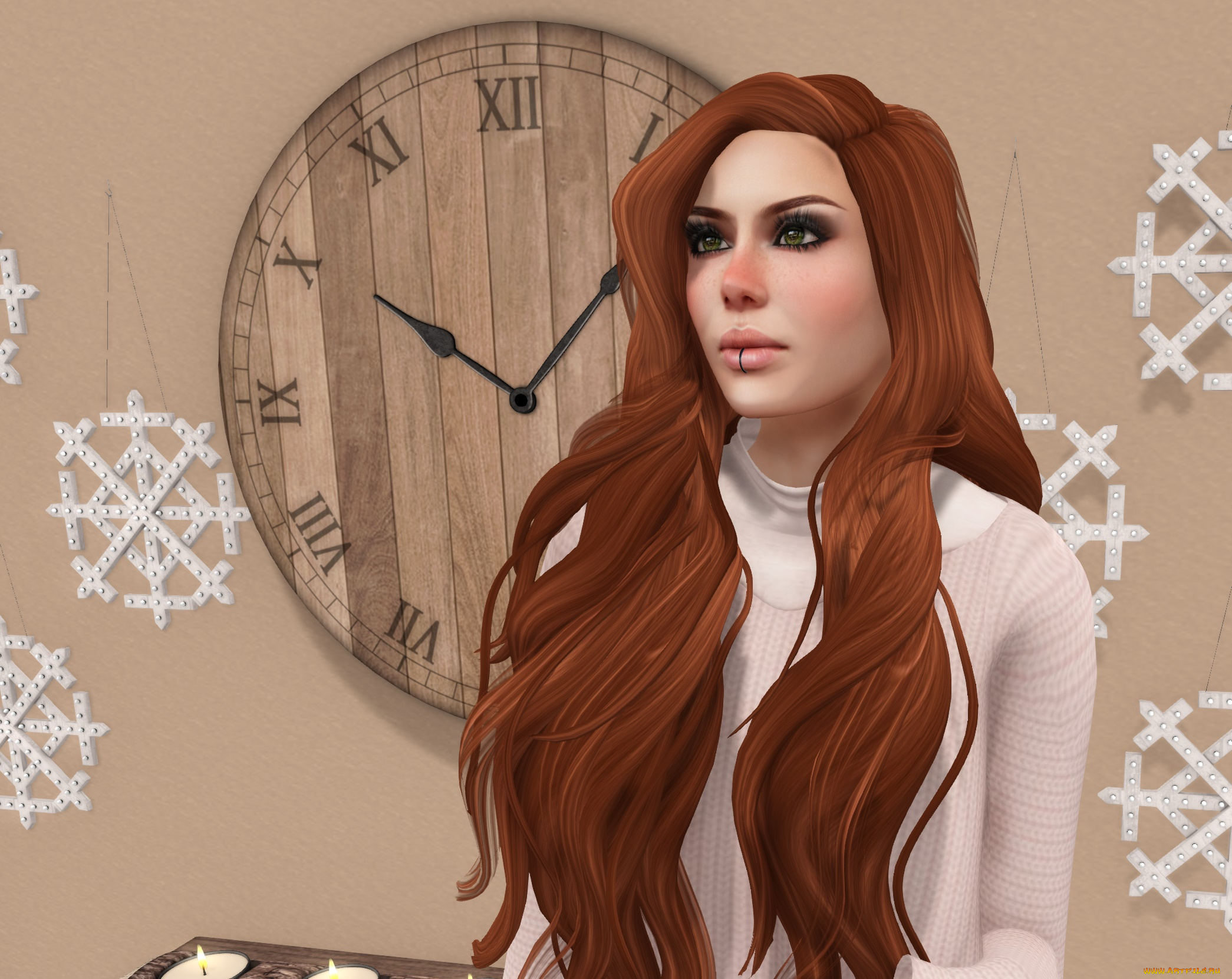 3д, графика, люди, , people, взгляд, девушка, интерьер, рыжая, фон