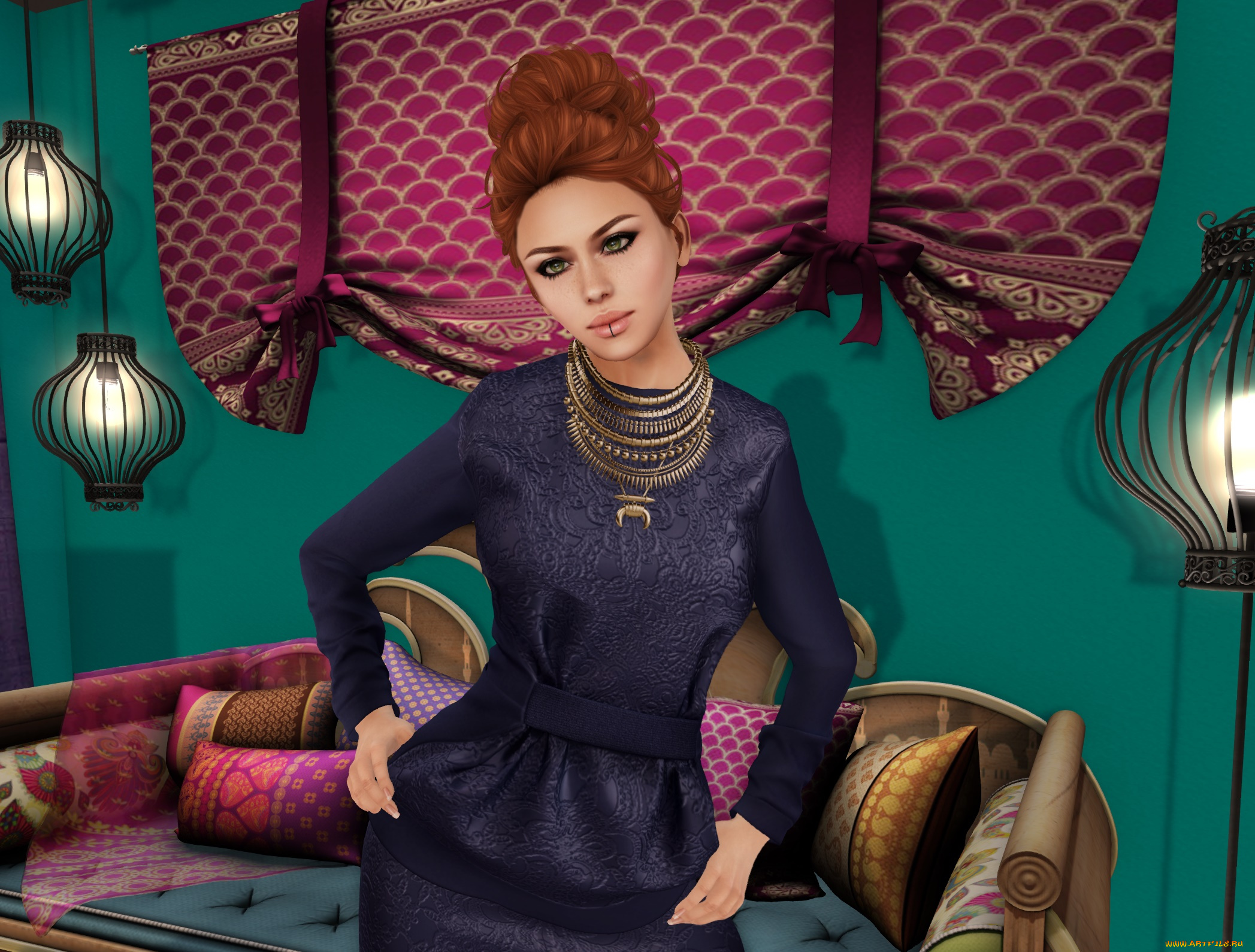 3д, графика, люди, , people, взгляд, девушка, интерьер, рыжая, фон