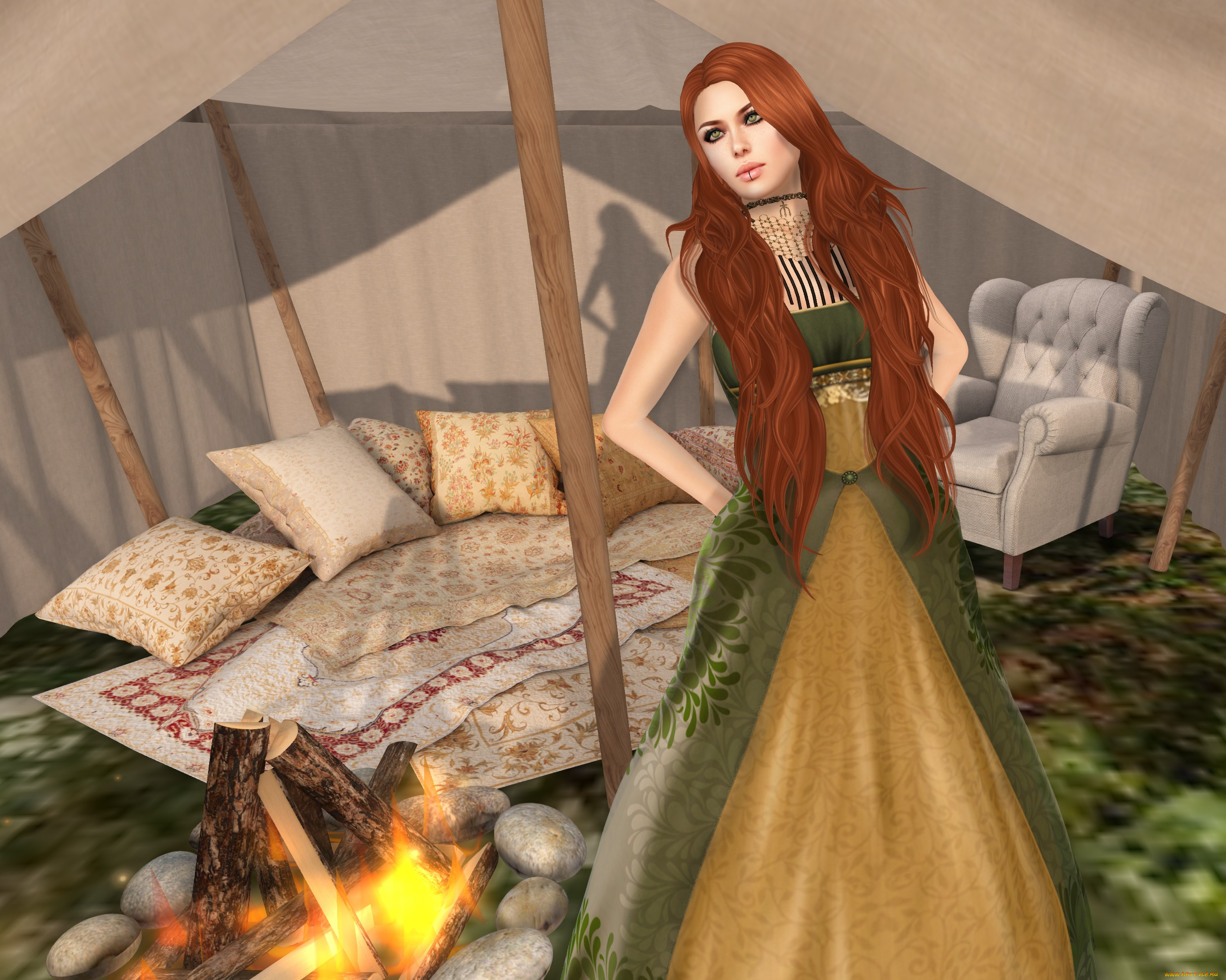 3д, графика, люди, , people, девушка, взгляд, фон, интерьер, рыжая