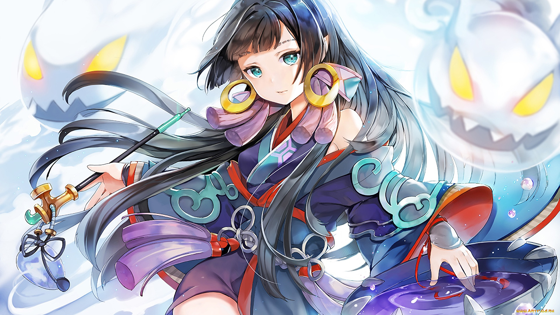 аниме, onmyouji, взгляд, девушка, фон