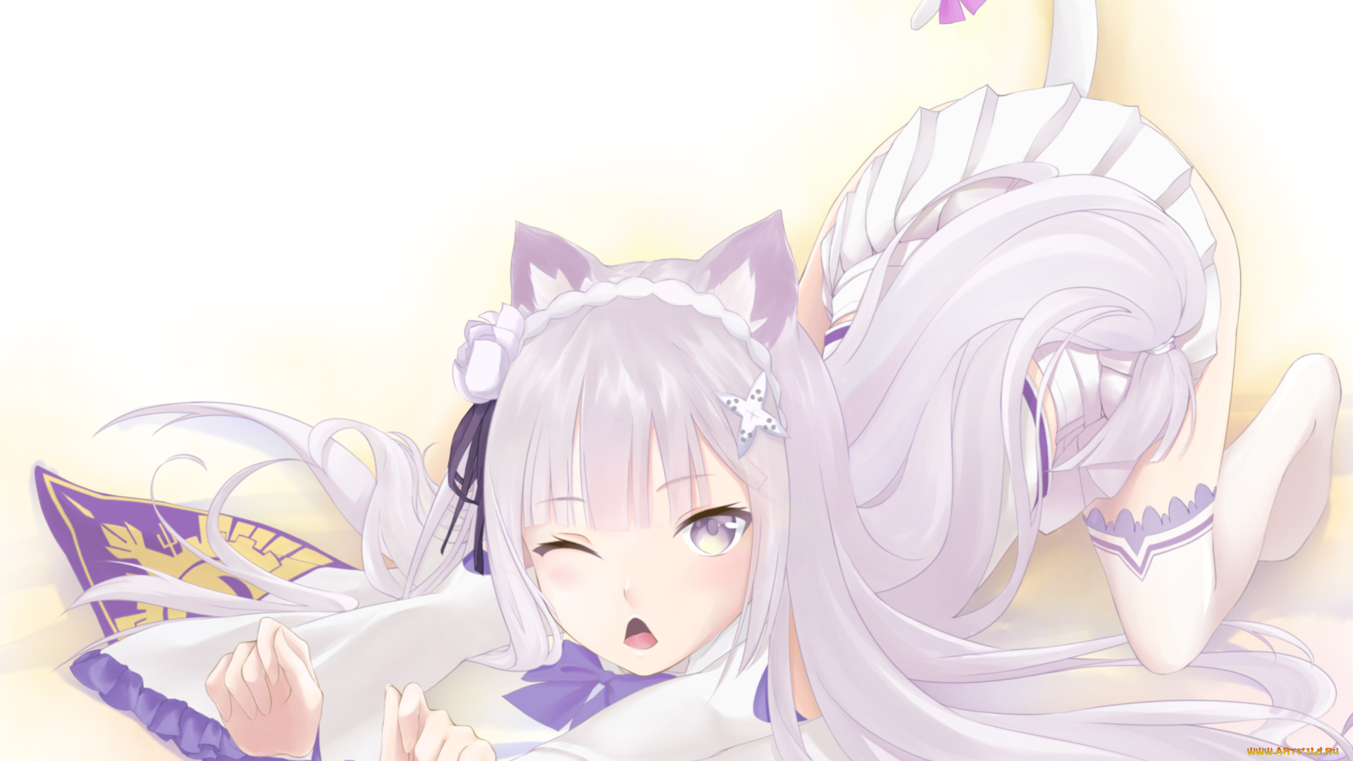 аниме, re, , zero, kara, hajimeru, isekai, seikatsu, девочка, хвост, неко, колокольчик, ушки