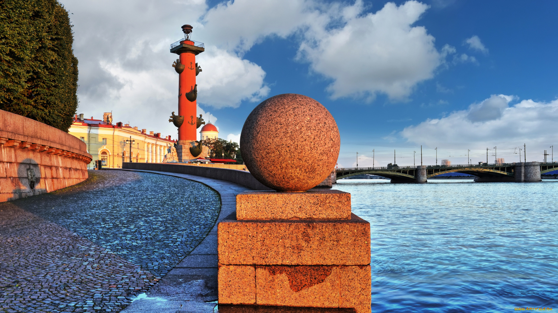 города, санкт-петербург, , петергоф, , россия, ростральные, колонны, нева, река, набережная, невы, гранит, сфера, шар, рассвет