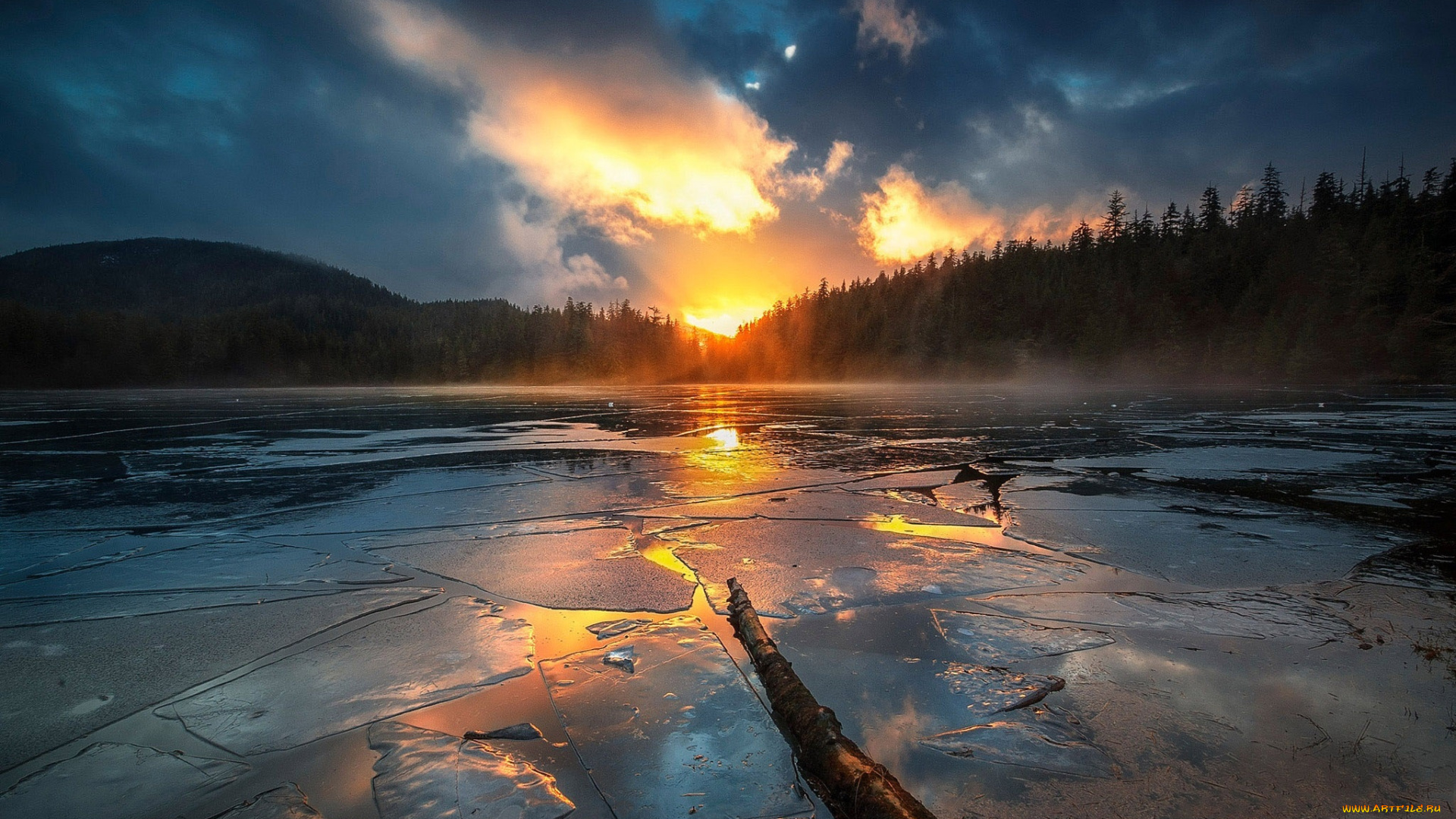 природа, восходы, закаты, лес, солнце, лёд, река, озеро, облака, небо