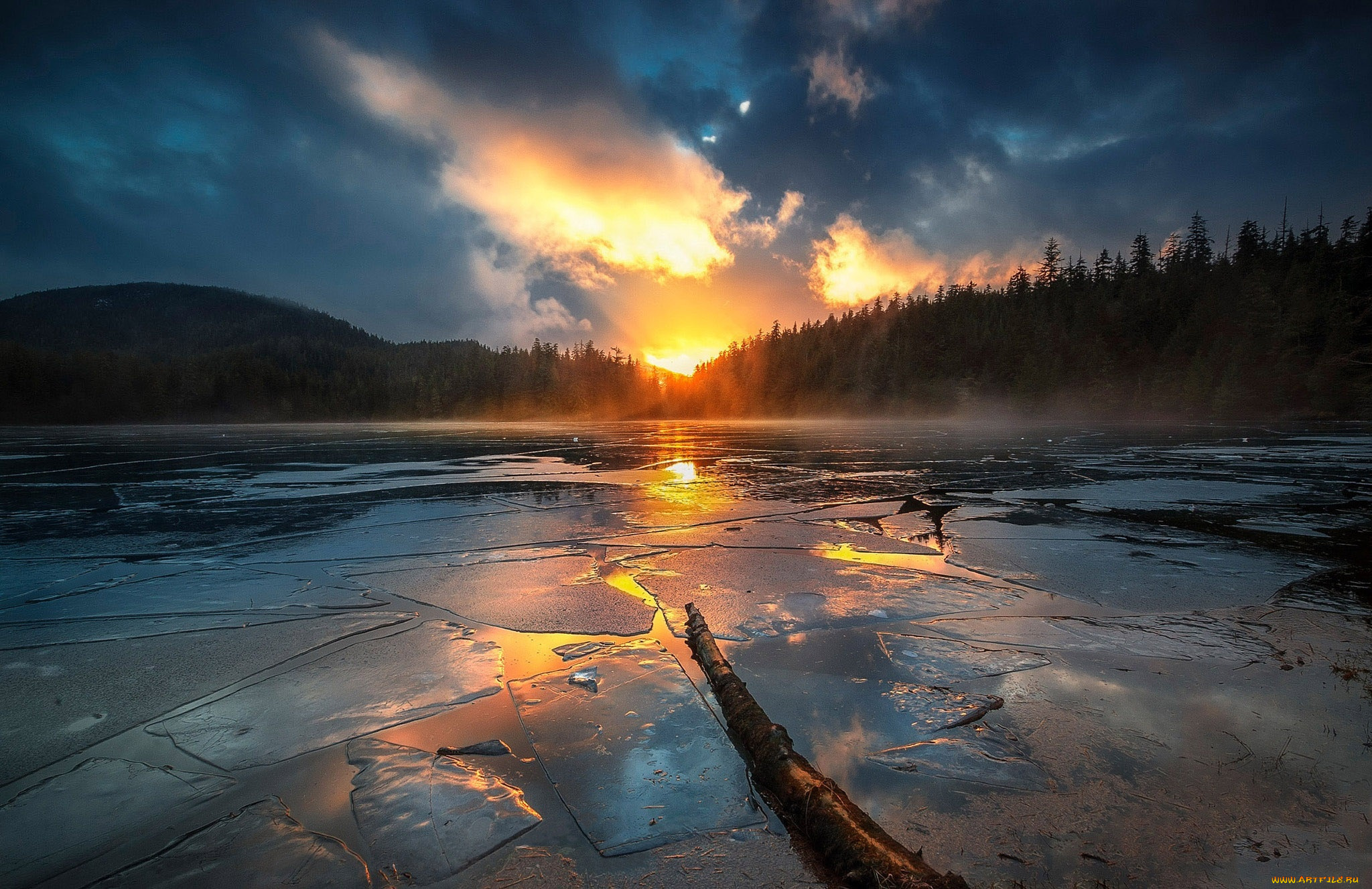 природа, восходы, закаты, лес, солнце, лёд, река, озеро, облака, небо