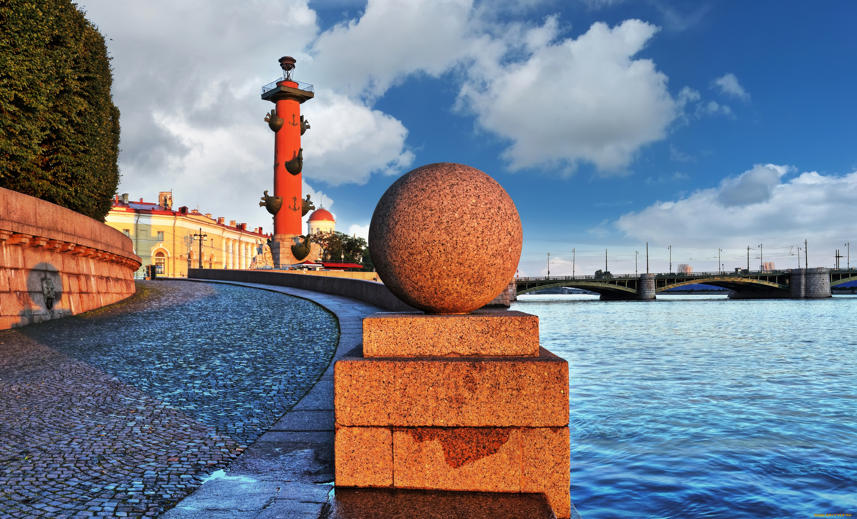 города, санкт-петербург, , петергоф, , россия, ростральные, колонны, нева, река, набережная, невы, гранит, сфера, шар, рассвет