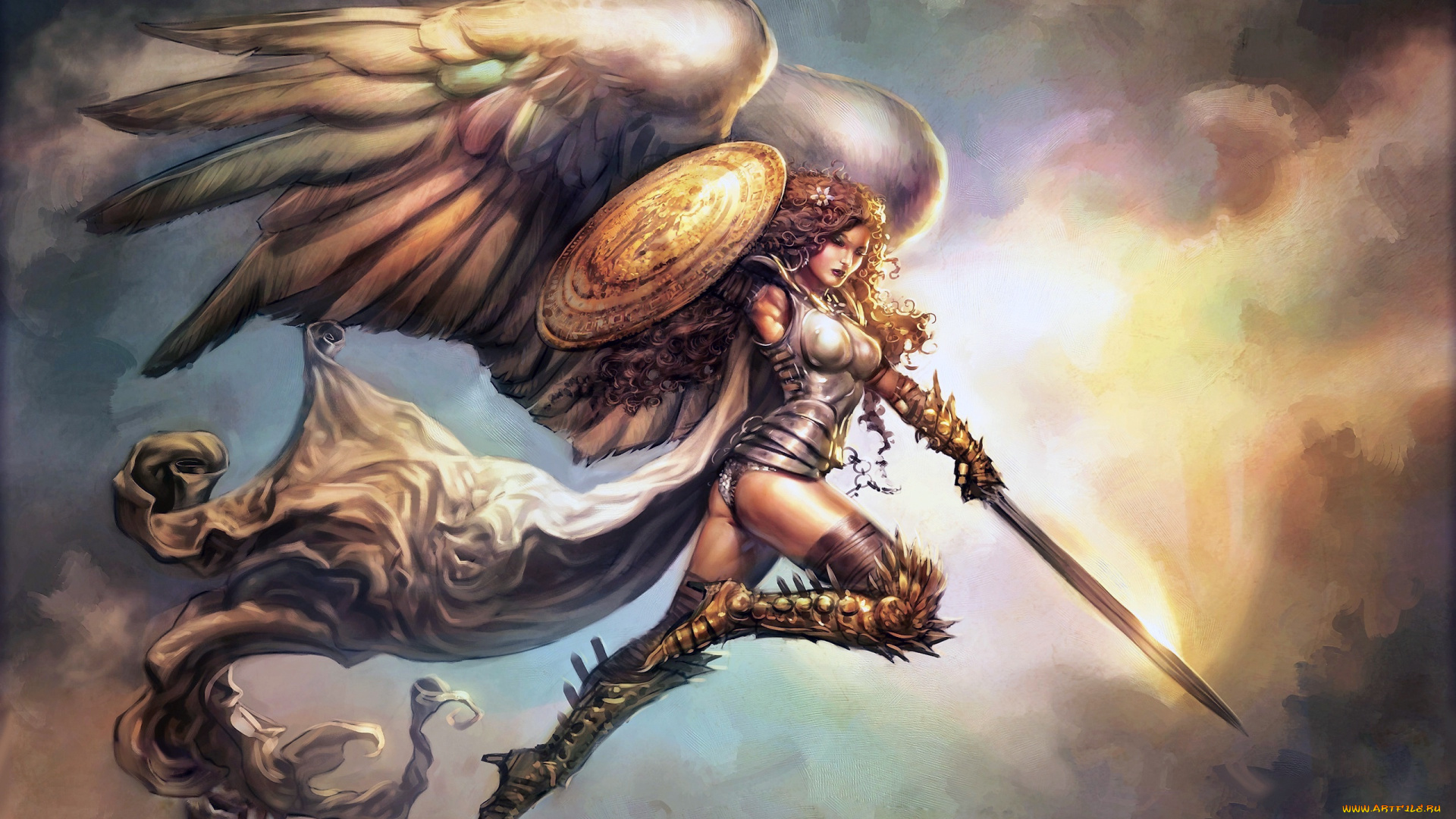 фэнтези, ангелы, girl, cape, artwork, armor, fantasy, curly, hair, shield, wings, sword, art, boots, angel