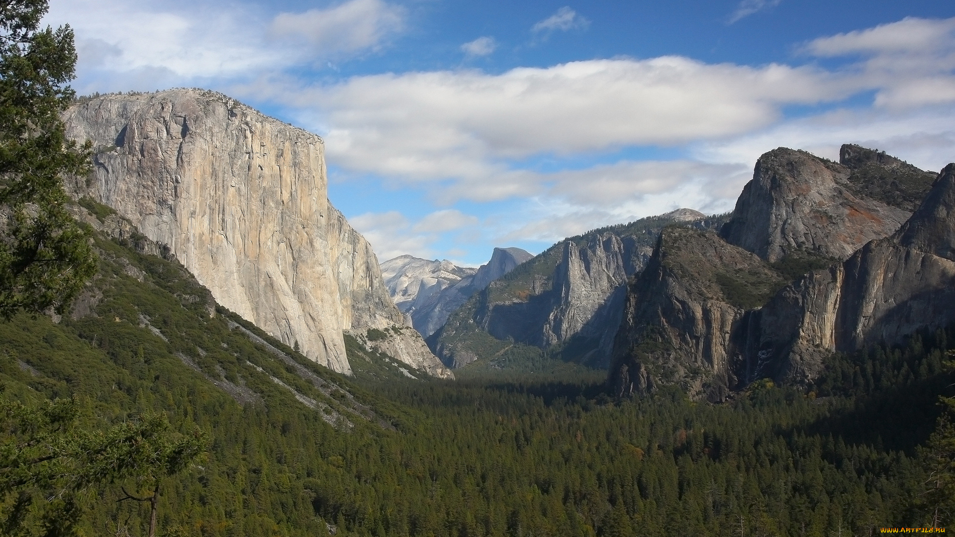 природа, горы, деревья, yosemite, valley, облака