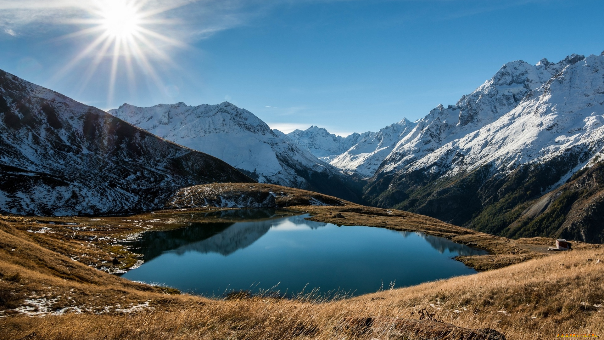 природа, реки, озера, горы, озеро, снег, скалы, солнце, трава