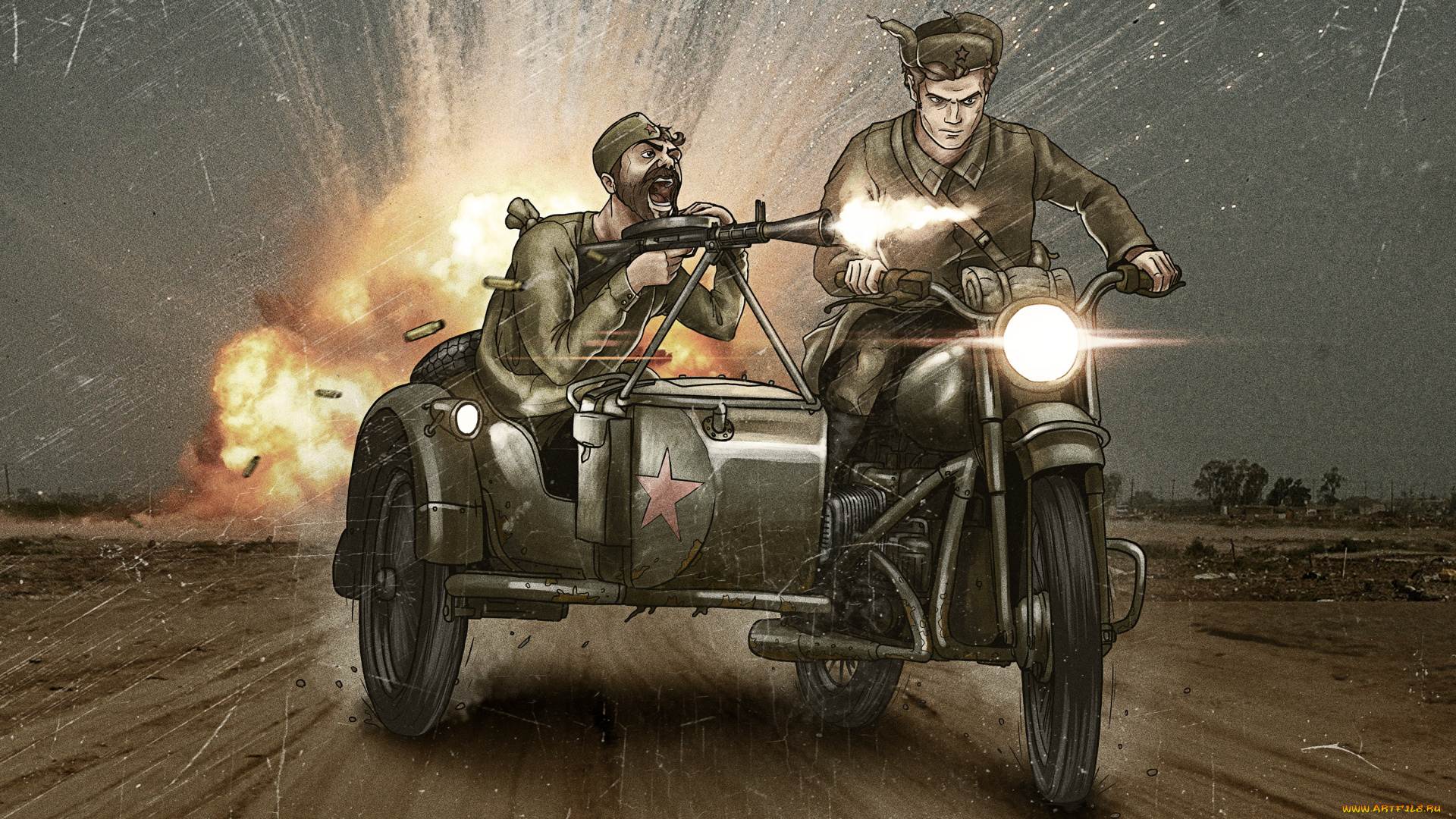рисованное, армия, мужчины, фон, мотоцикл, пулемет