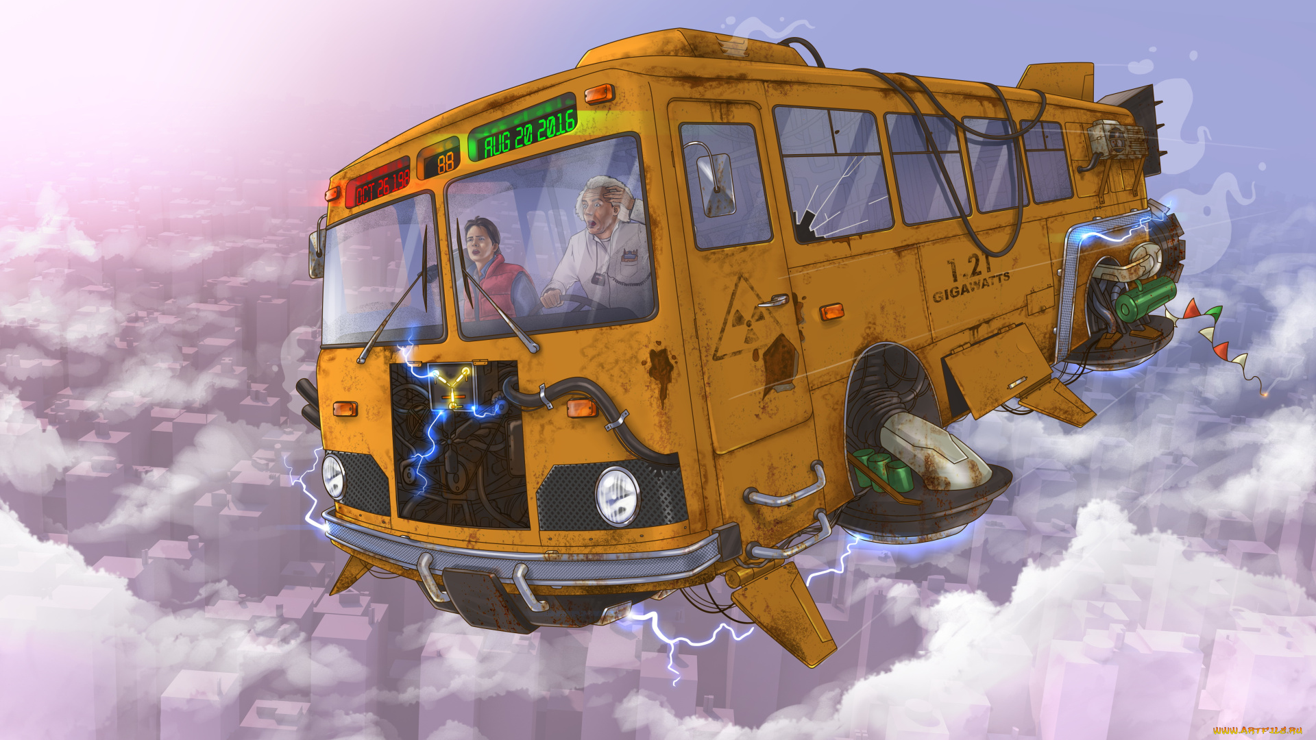 рисованное, комиксы, мужчины, фон, полет, автобус