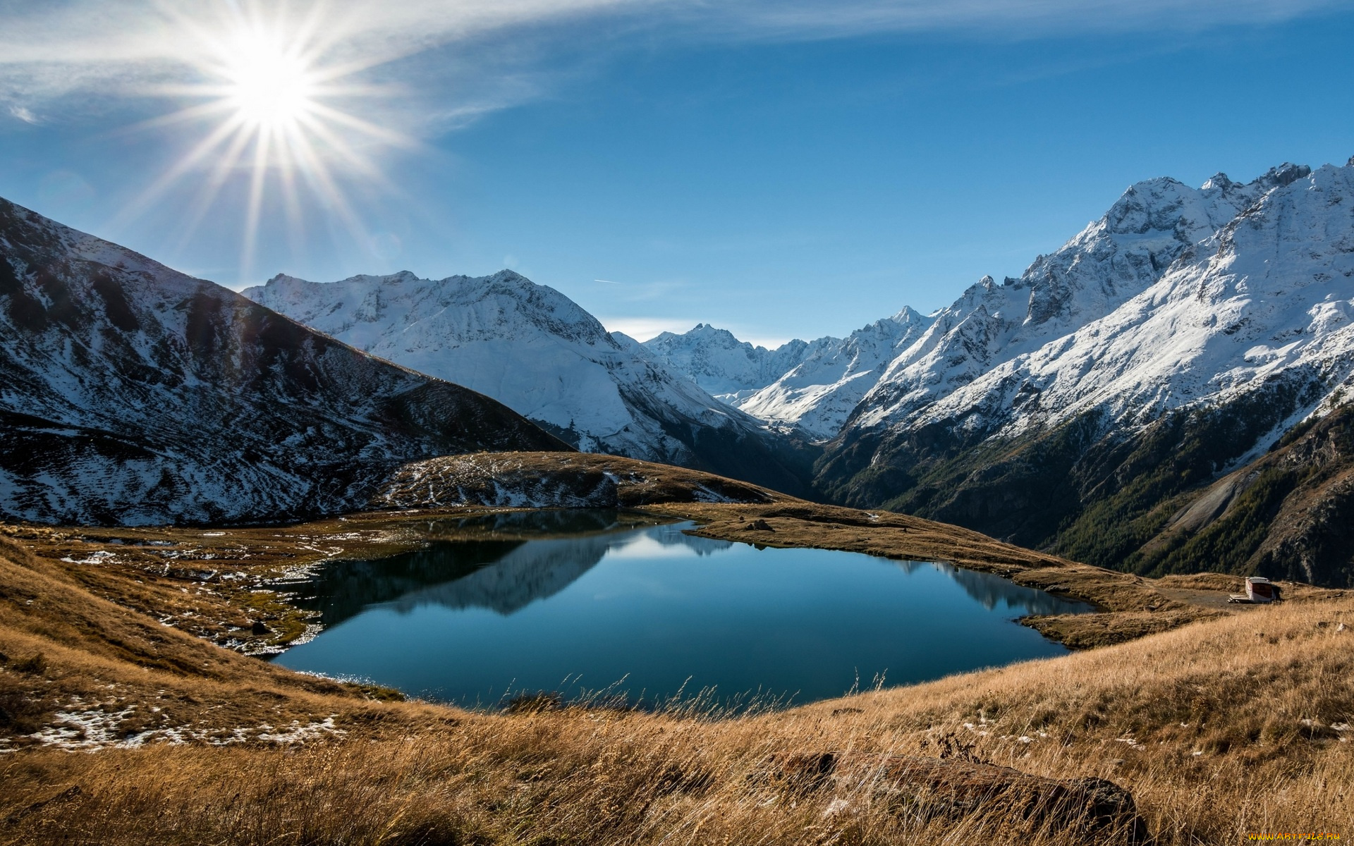 природа, реки, озера, горы, озеро, снег, скалы, солнце, трава