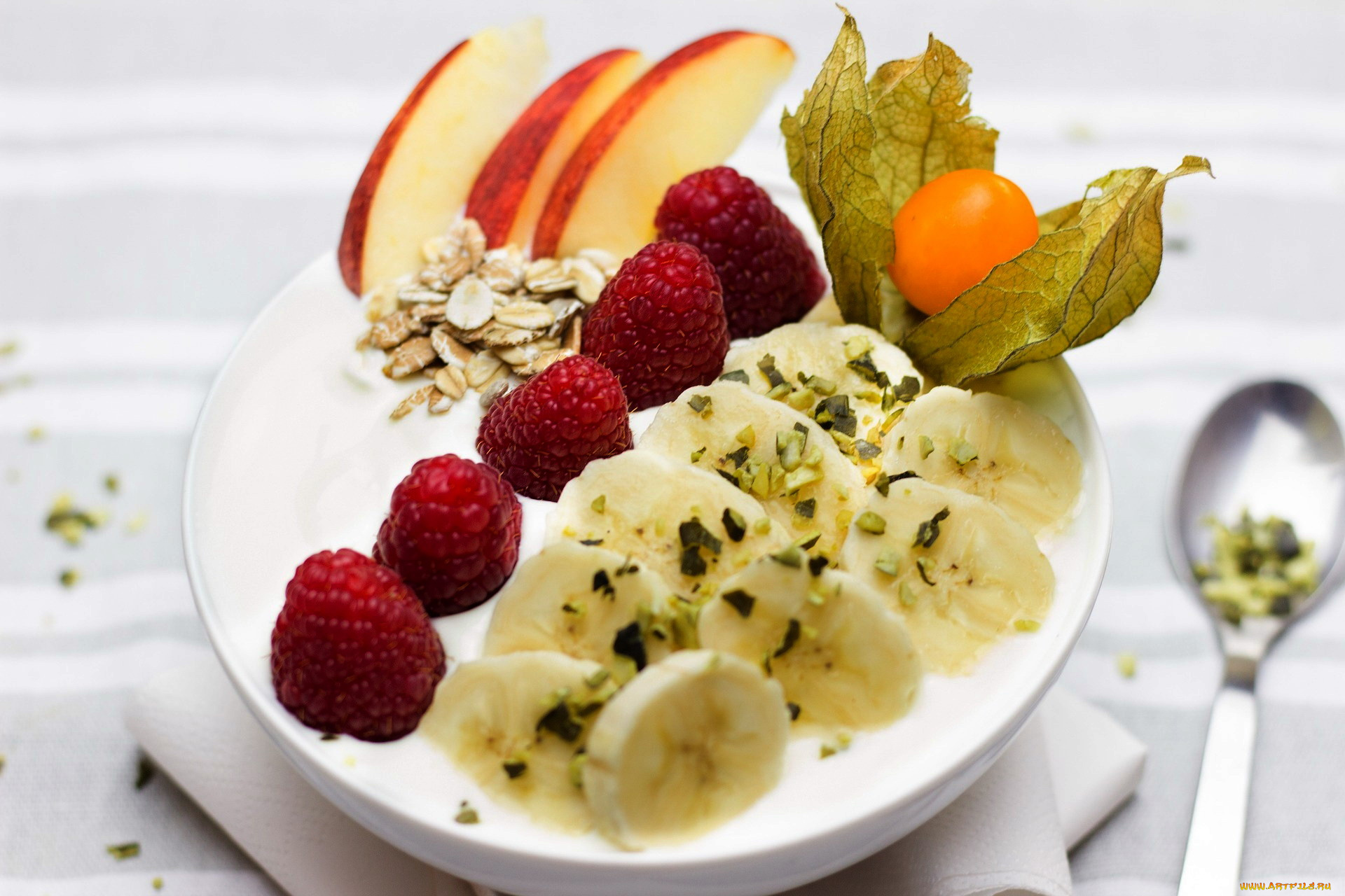 еда, мороженое, , десерты, физалис, малина, банан