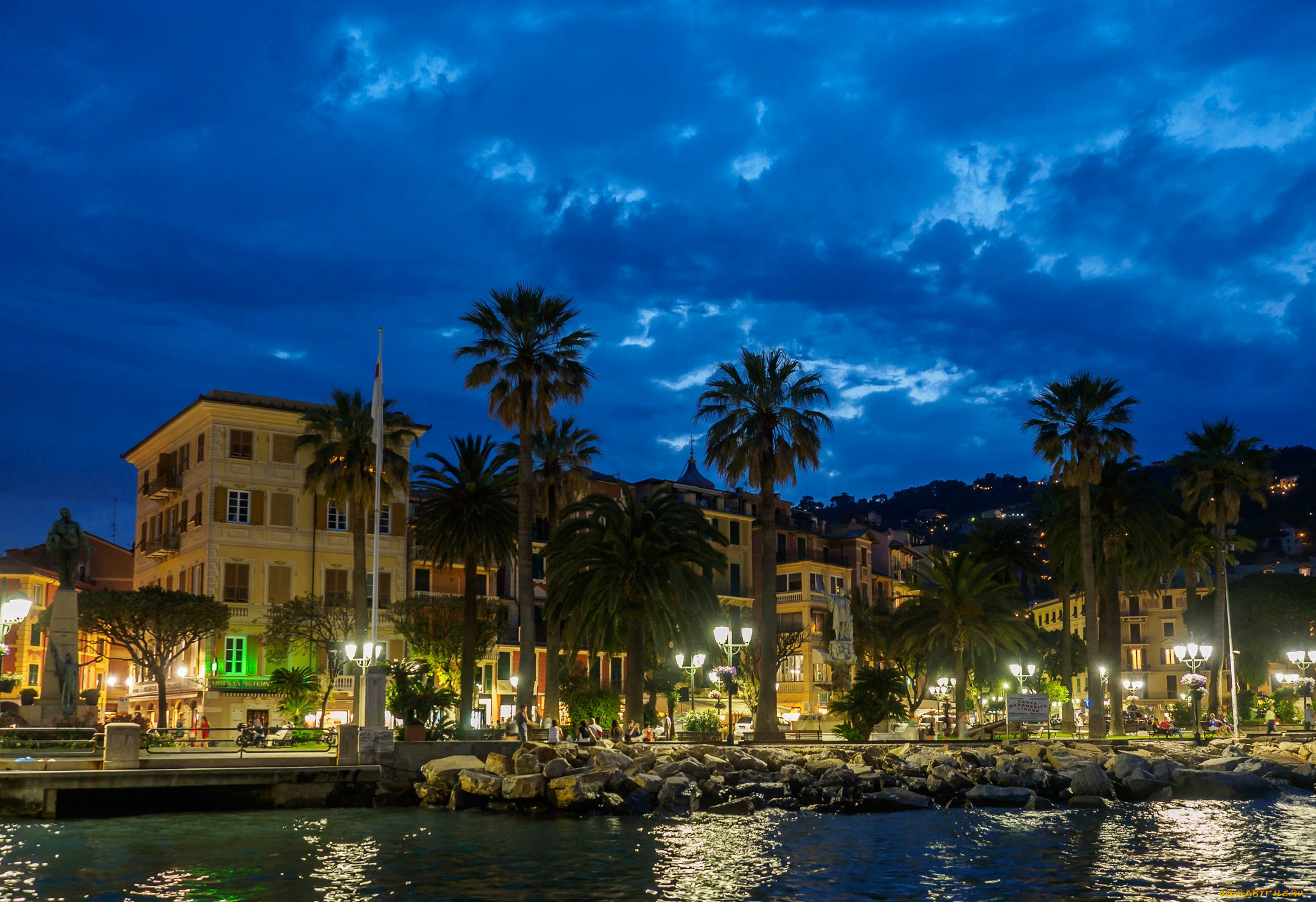 города, -, огни, ночного, города, огни, пальмы, санта-маргерита-лигуре, ночь, италия, дома, набережная