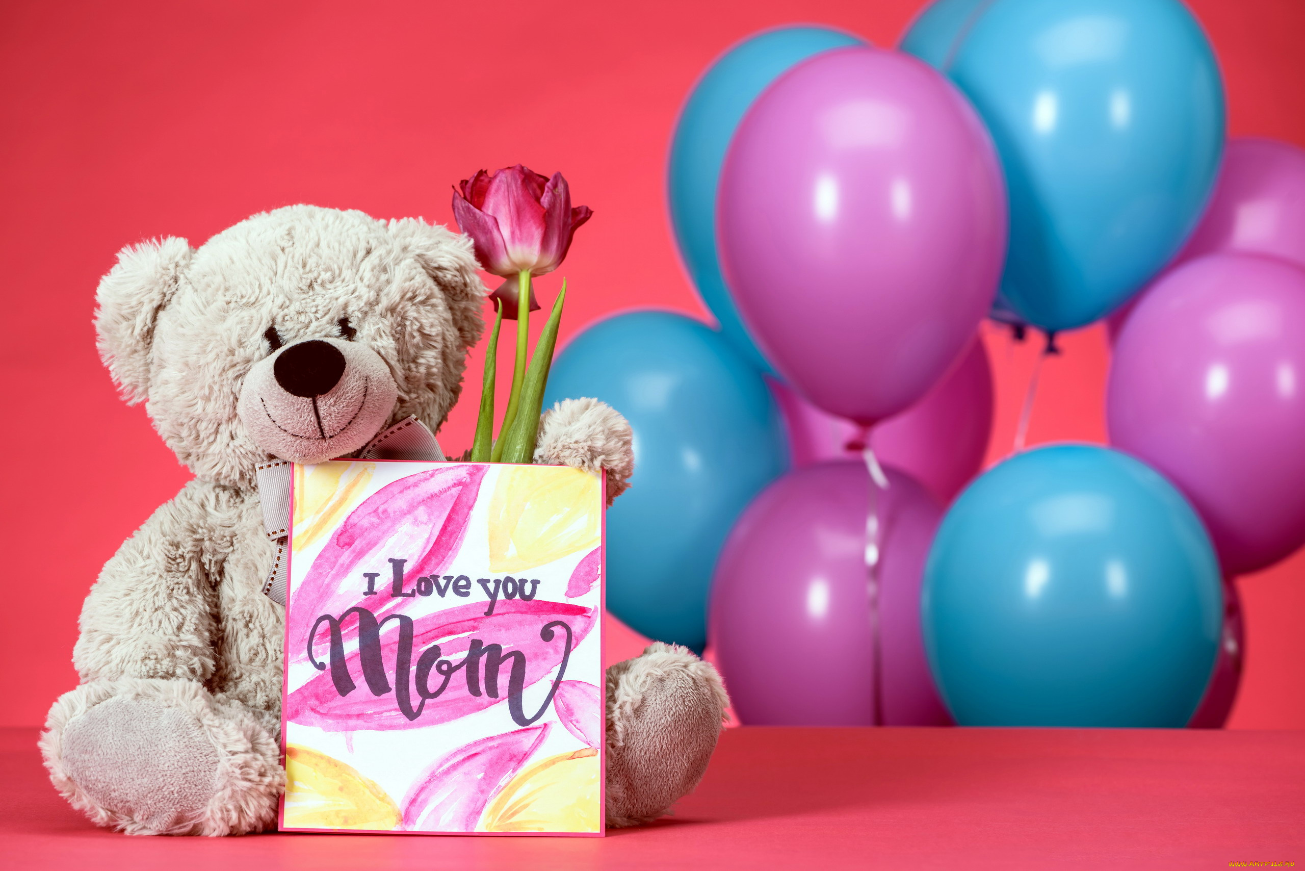праздничные, день, матери, надпись, шарики, медвежонок